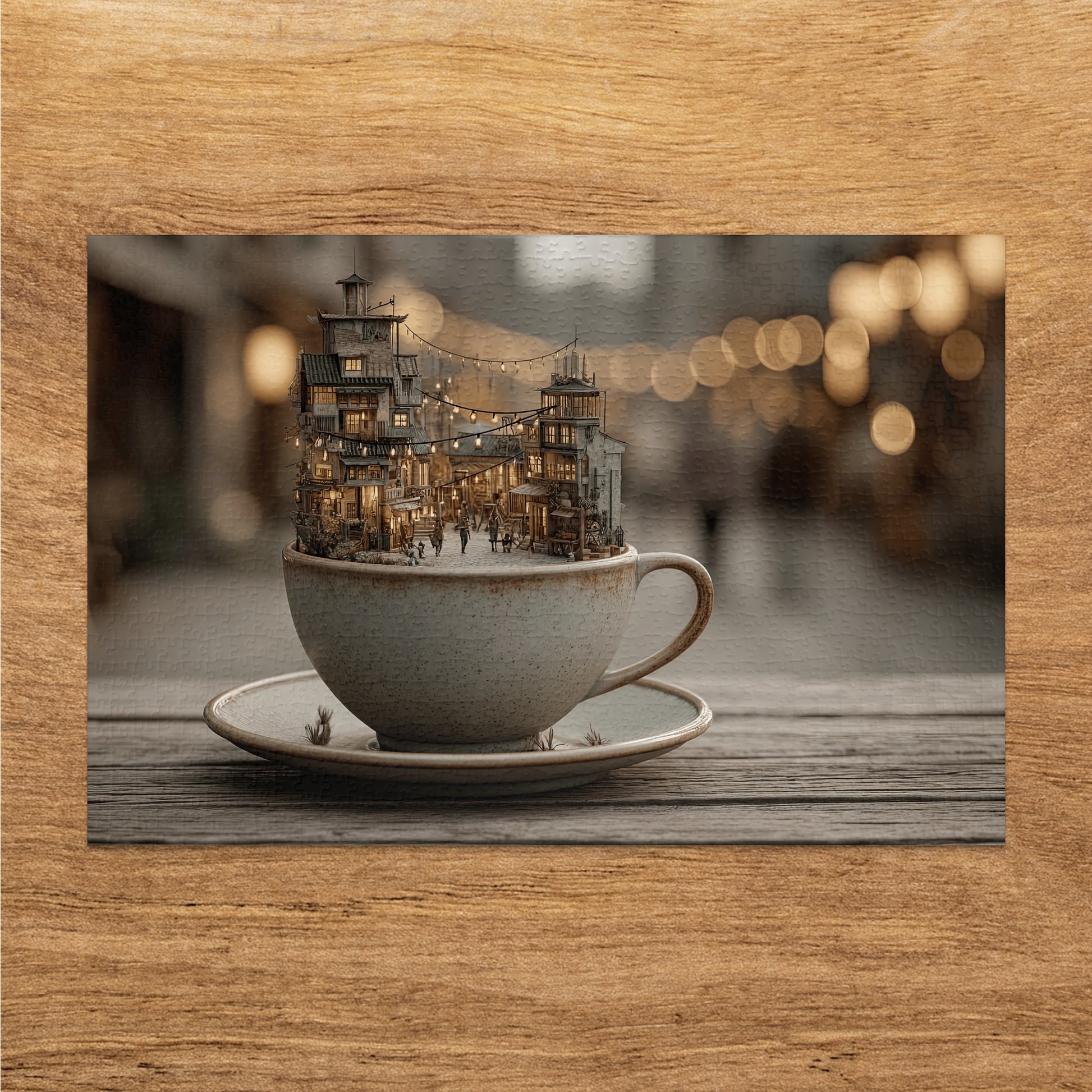 Miniature village scene inside a coffee cup with blurred background.