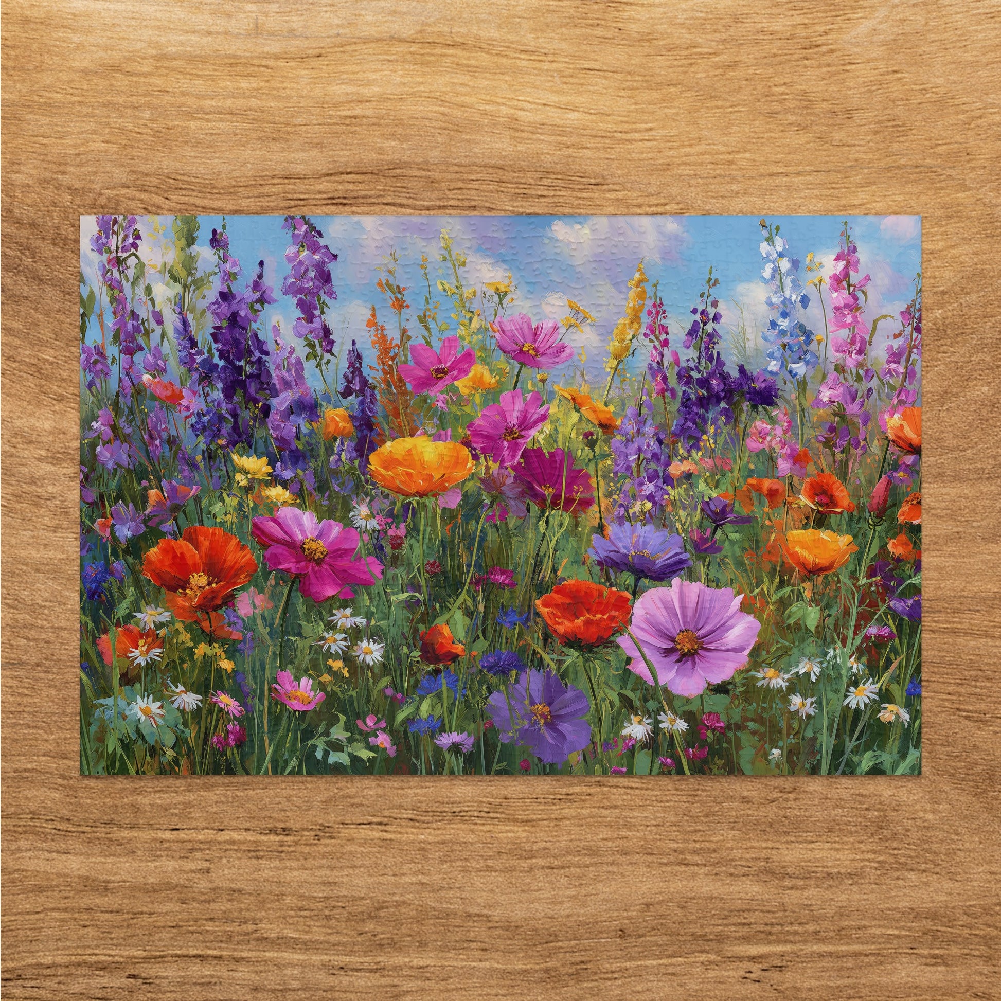 Painting of a field of colorful wildflowers with a wooden border.
