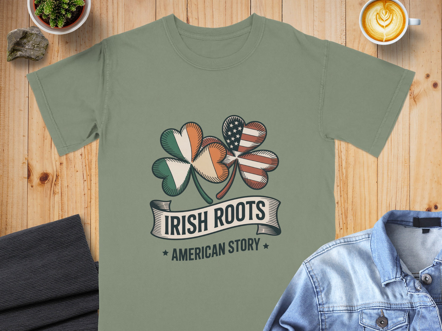 Olive green t-shirt with shamrock design featuring Irish and American flags.