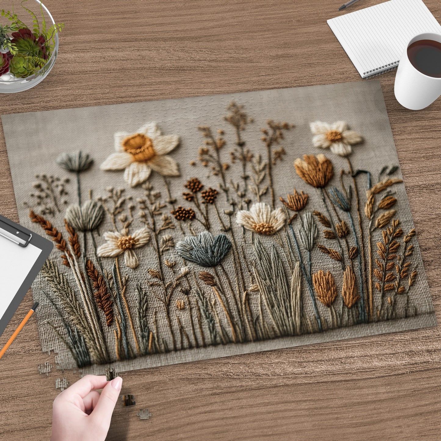 Embroidered Wildflowers Scene Decorative Puzzle