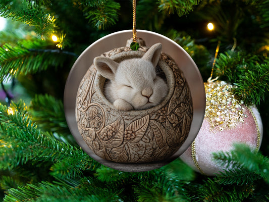 Cute Sleeping Bunny on Christmas Tree Ornament Decor