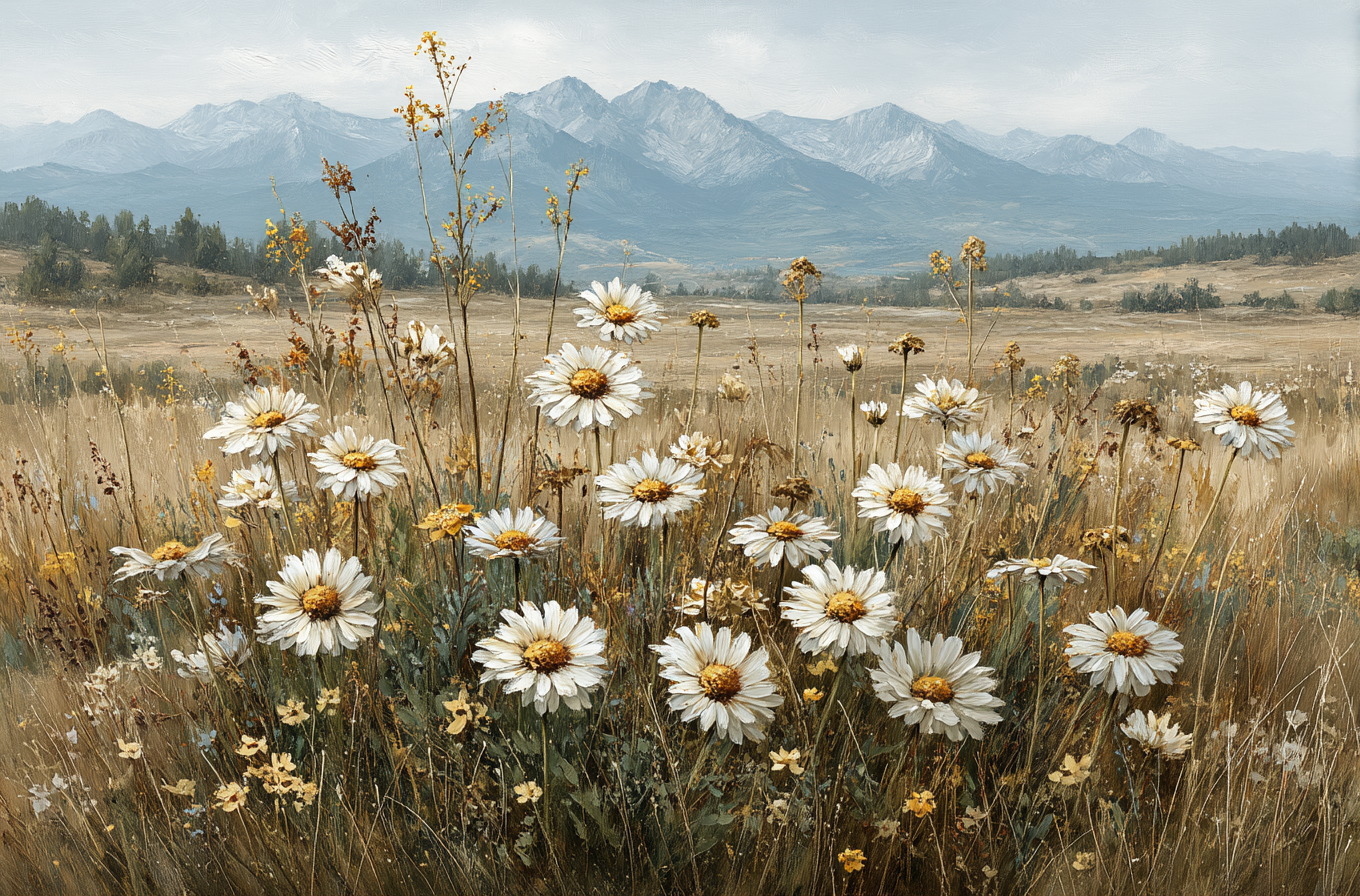 Serene Mountain Meadow with Daisies Wildflower Art