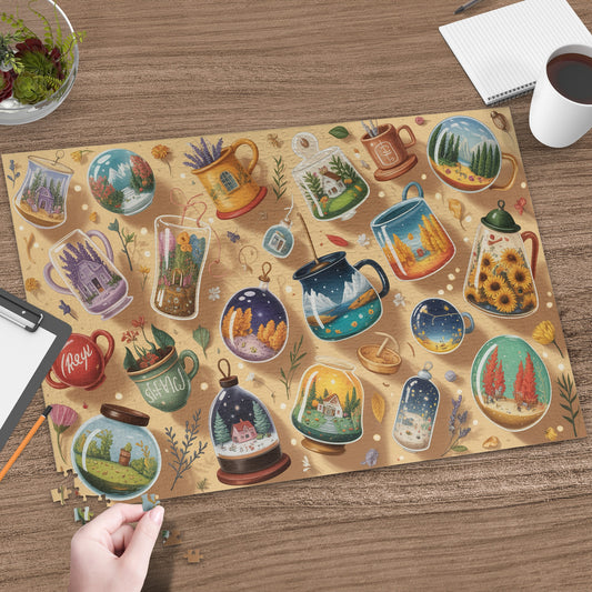 Puzzle featuring whimsical cups and globes with scenic and floral vignettes.