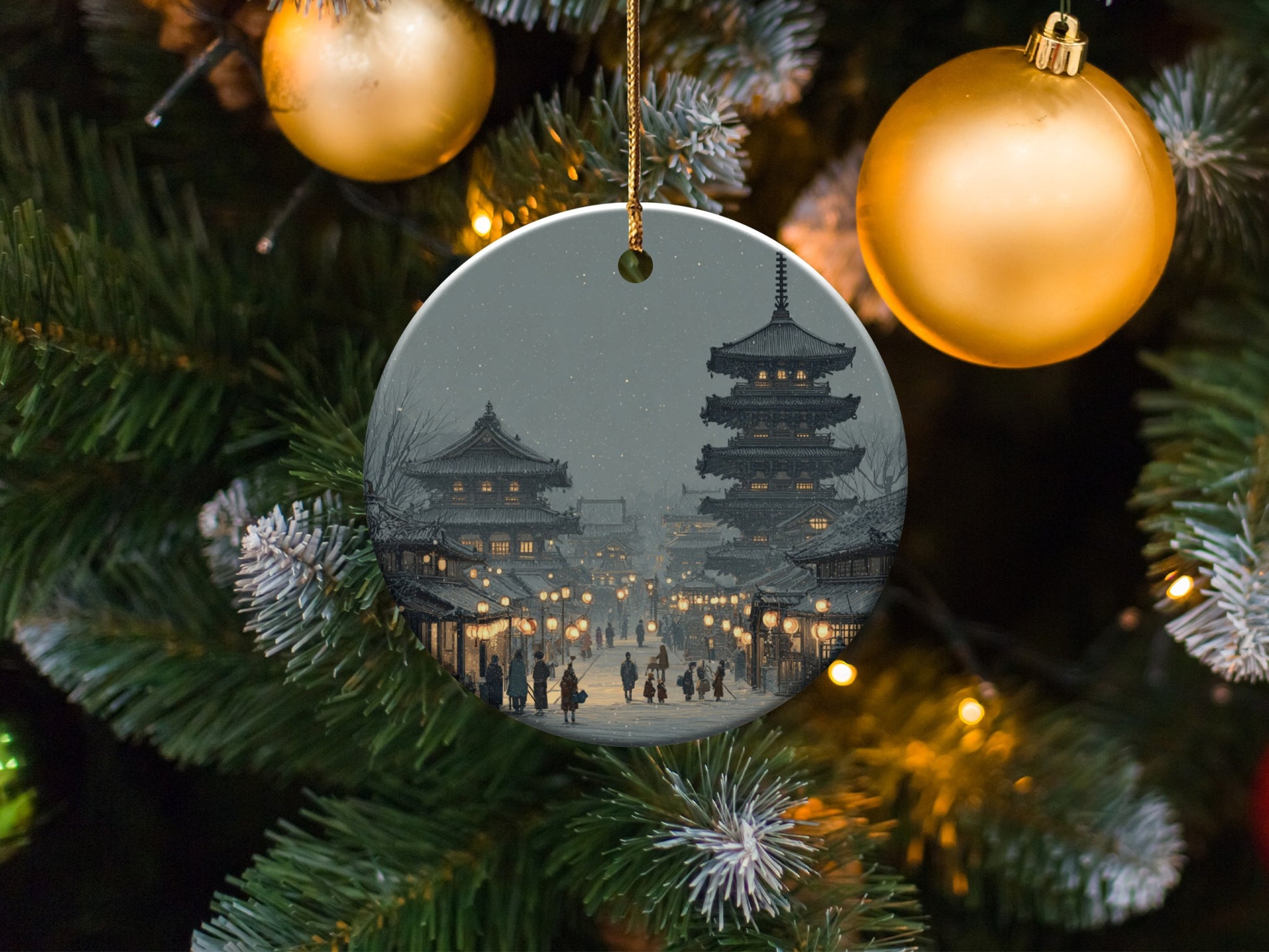Festive Winter Scene with Pagodas Ornament product