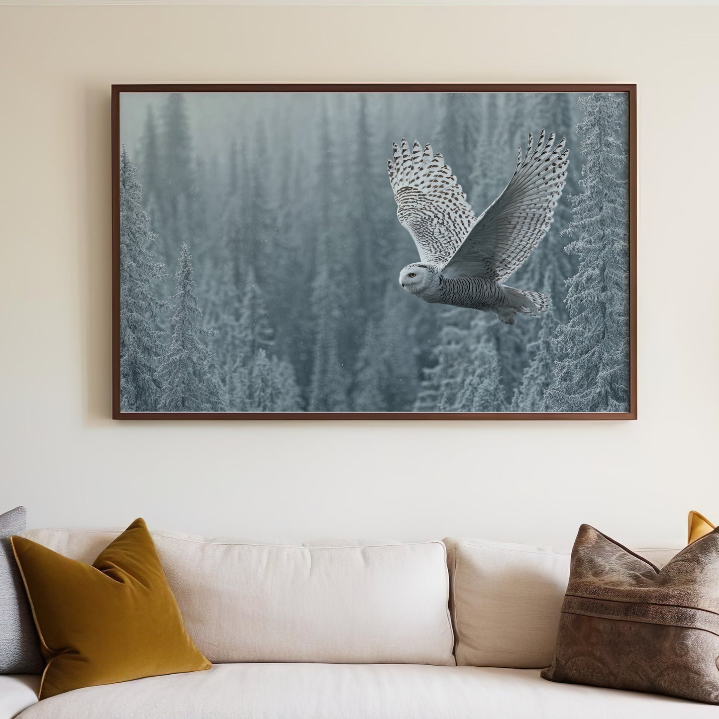 Majestic Snowy Owl Flying Through Winter Forest Wall Art