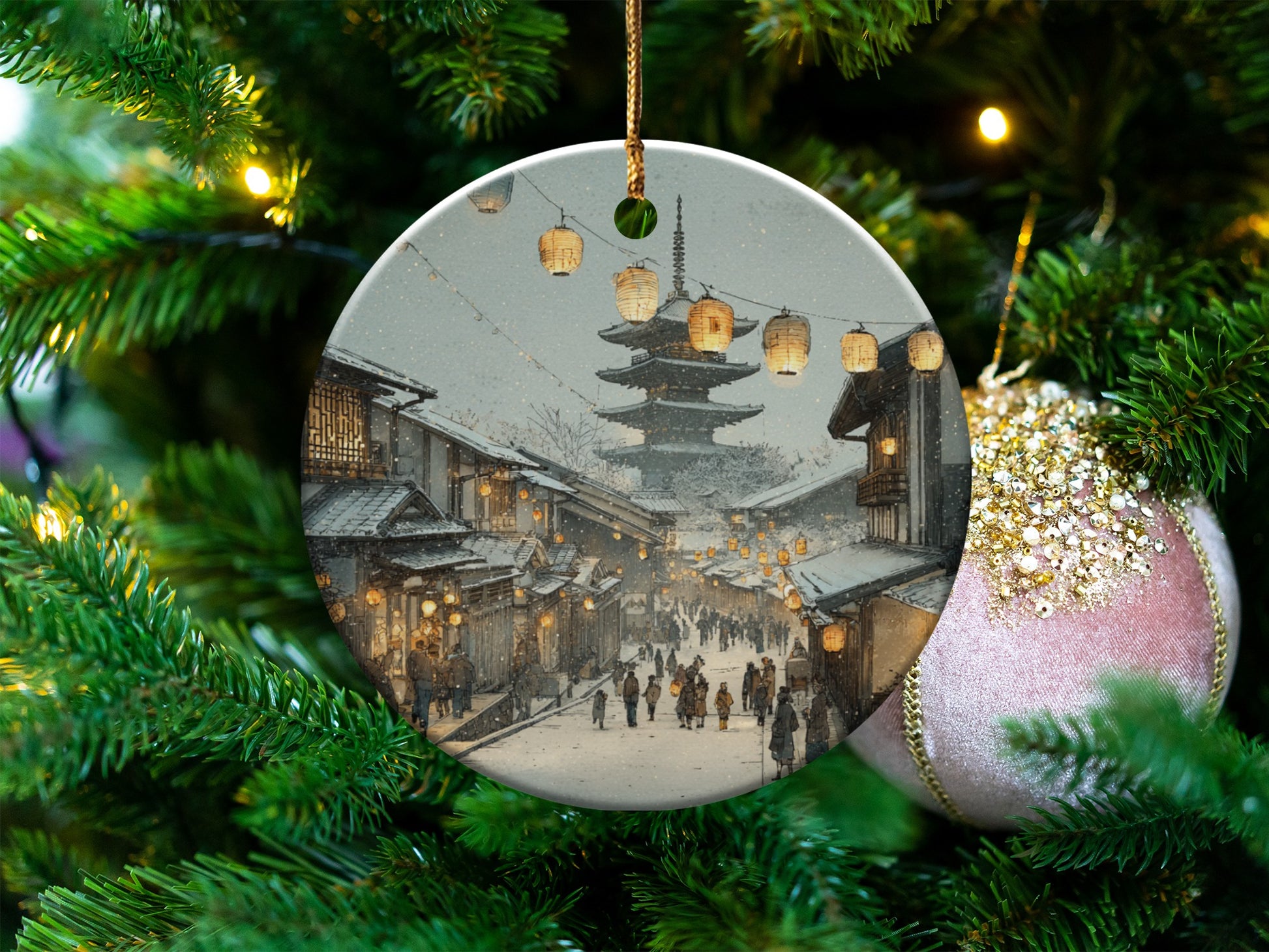 Snowy Lantern Street Scene Christmas Ornament