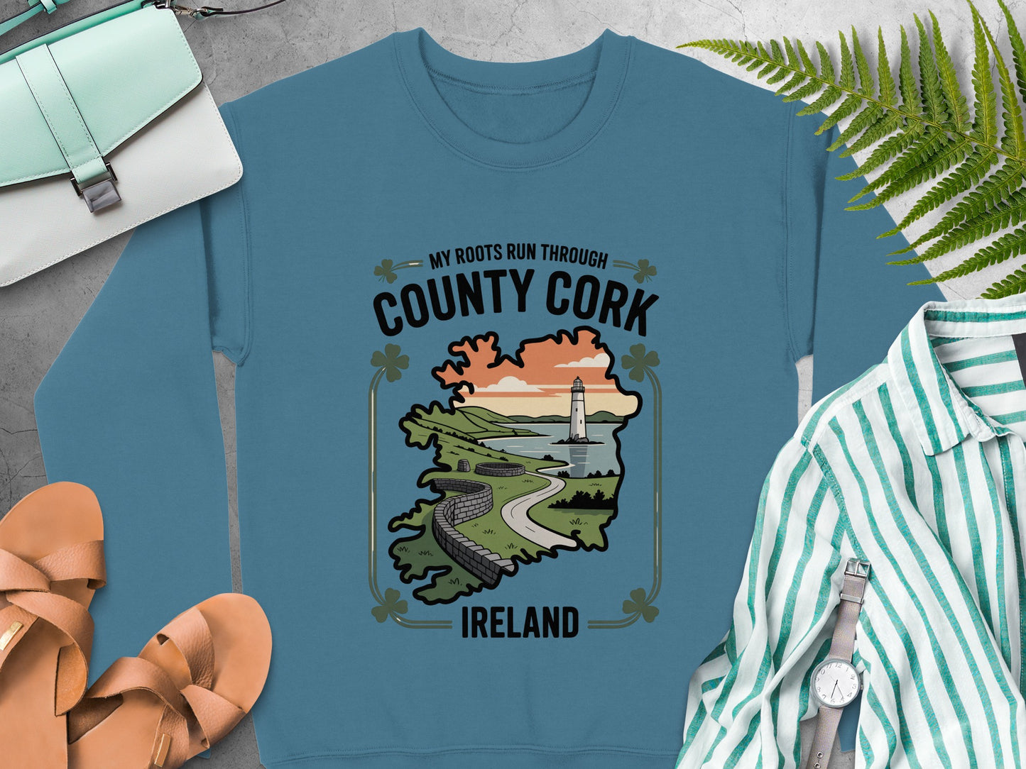 "County Cork Ireland" text and lighthouse scene graphic on Indigo Blue sweatshirt