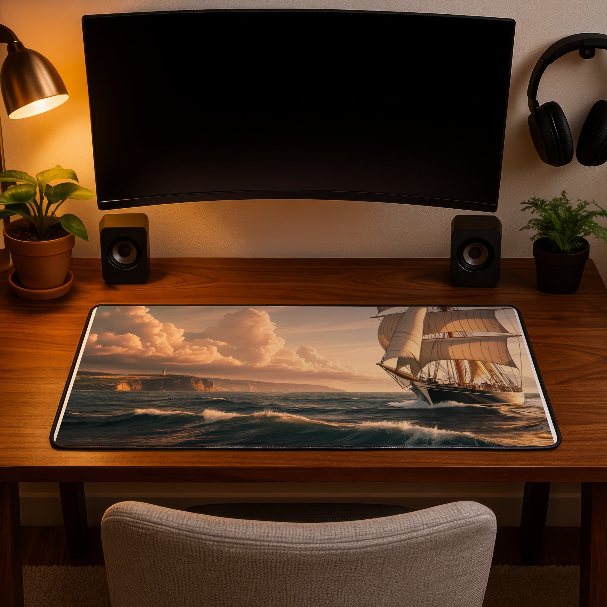 Large mousepad displays a sailing ship approaching a cliffside lighthouse at sunset.