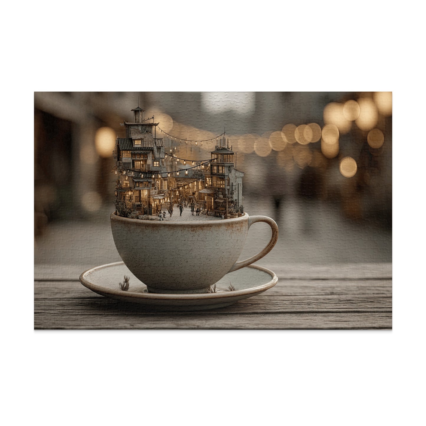 Miniature cityscape with buildings and lights inside a coffee cup on a saucer.