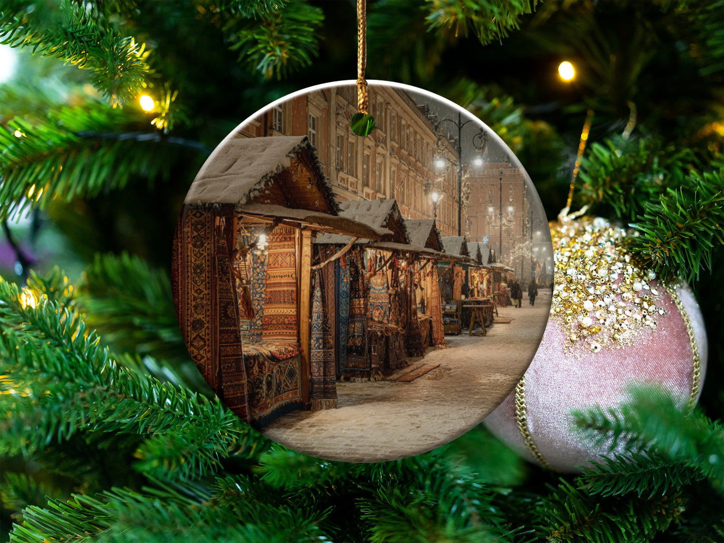 Vintage Christmas Market Scene Ornament