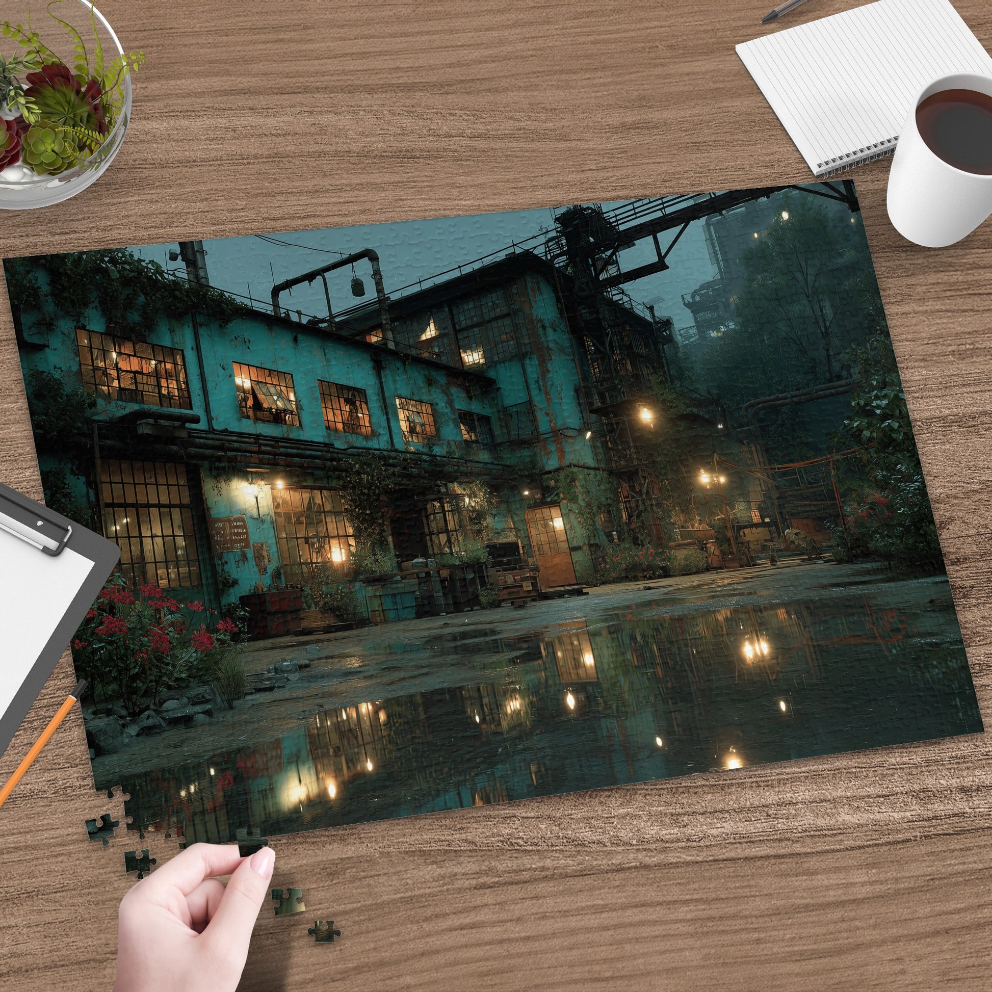 Puzzle of a dark, industrial building with glowing windows reflected in puddles.