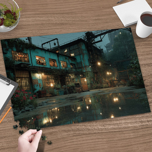 Puzzle of a dark, industrial building with glowing windows reflected in puddles.