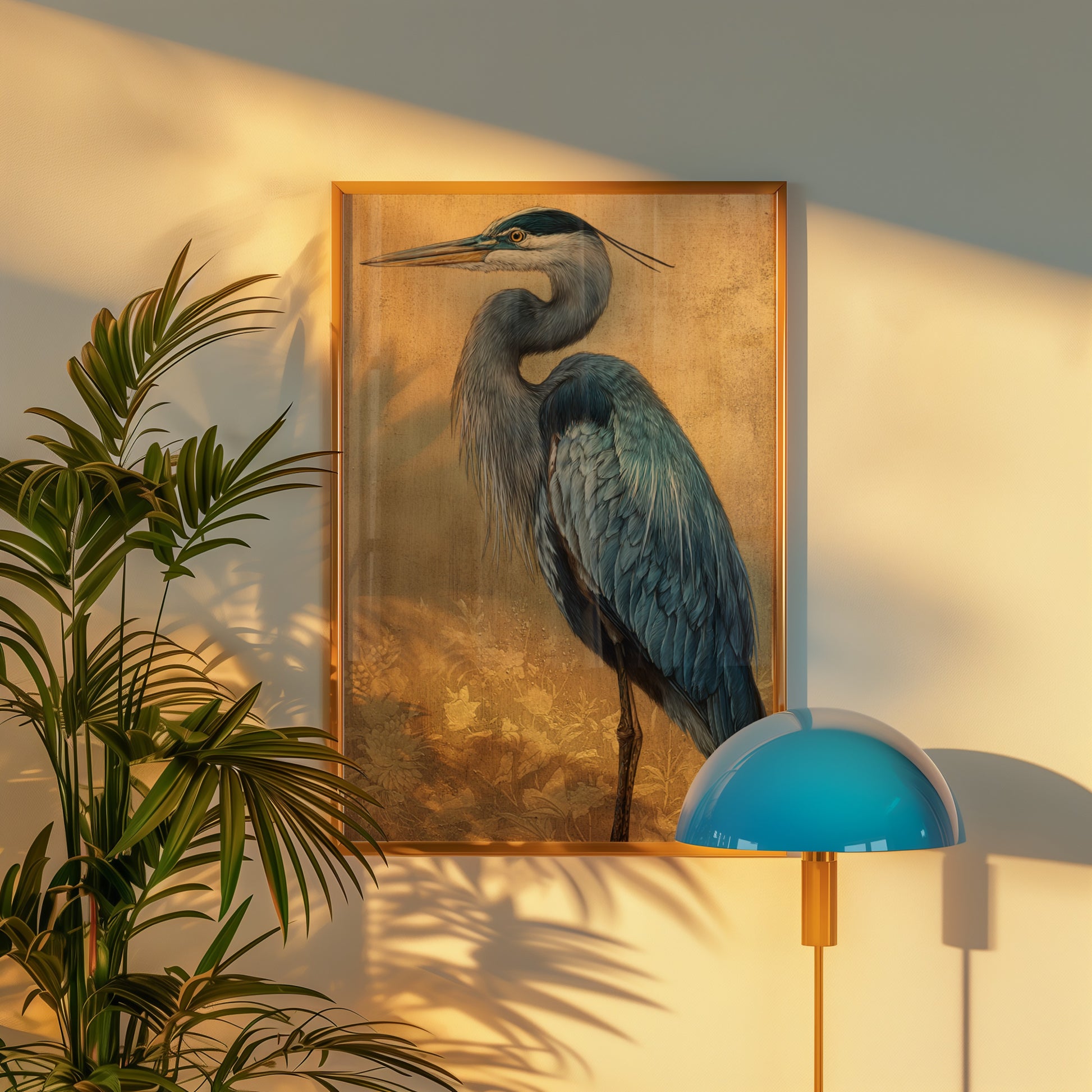 Elegant Blue Heron Artwork in Warm Natural Light