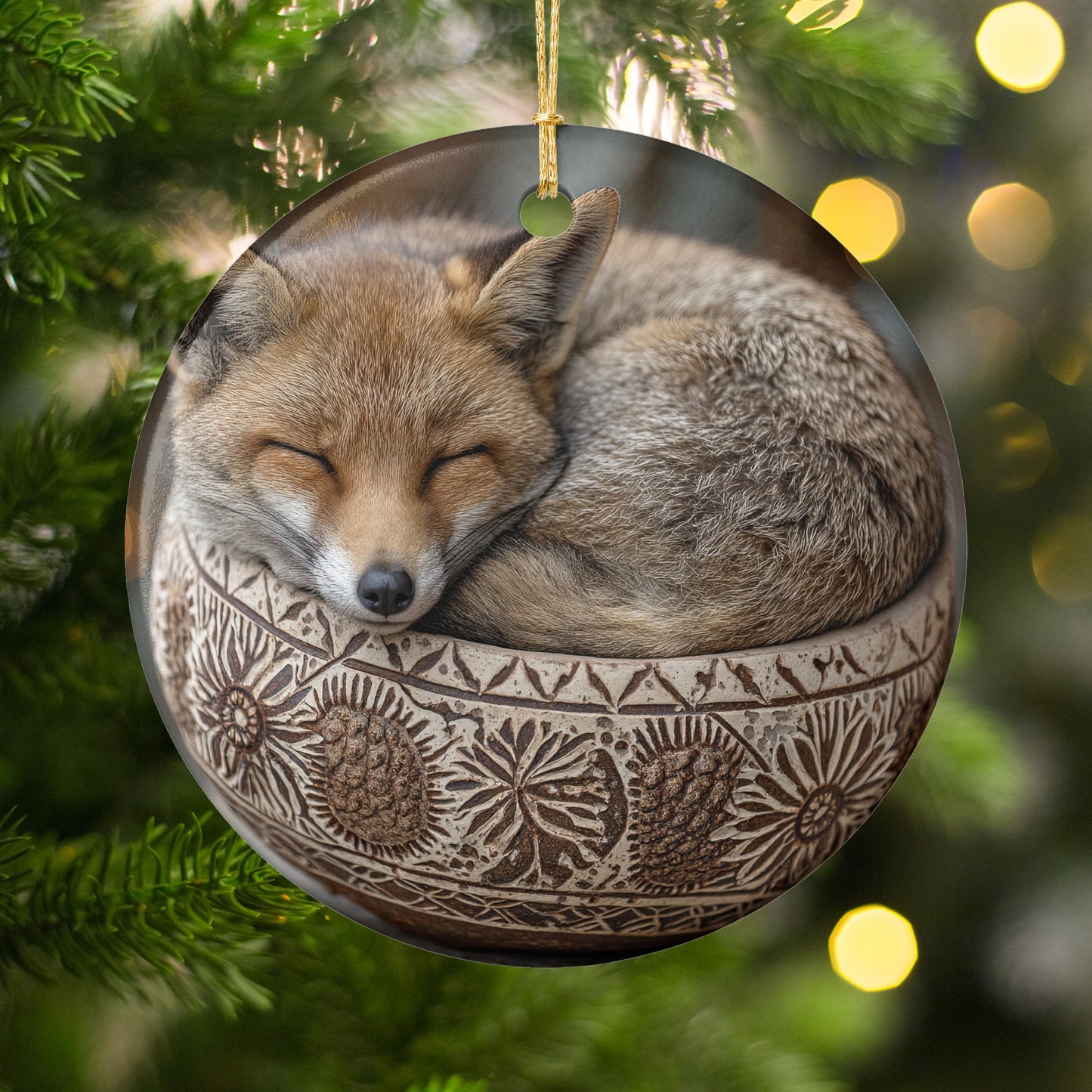 Fox Sleeping in Decorative Basket Christmas Ornament