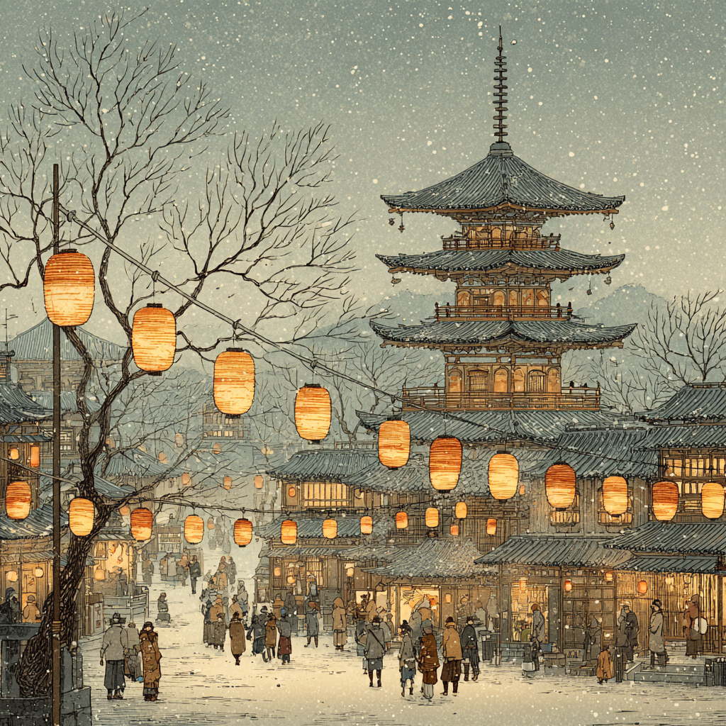 Enchanting Snowy Night in Traditional Lantern-Lit Village