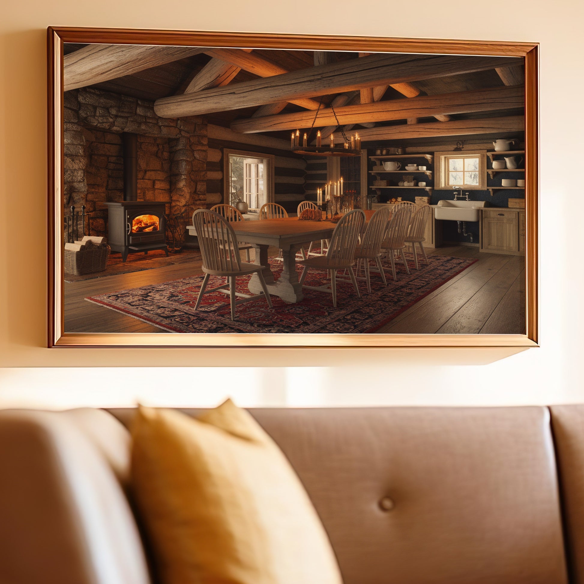Rustic dining room with fireplace, wooden table, chairs, and shelves.