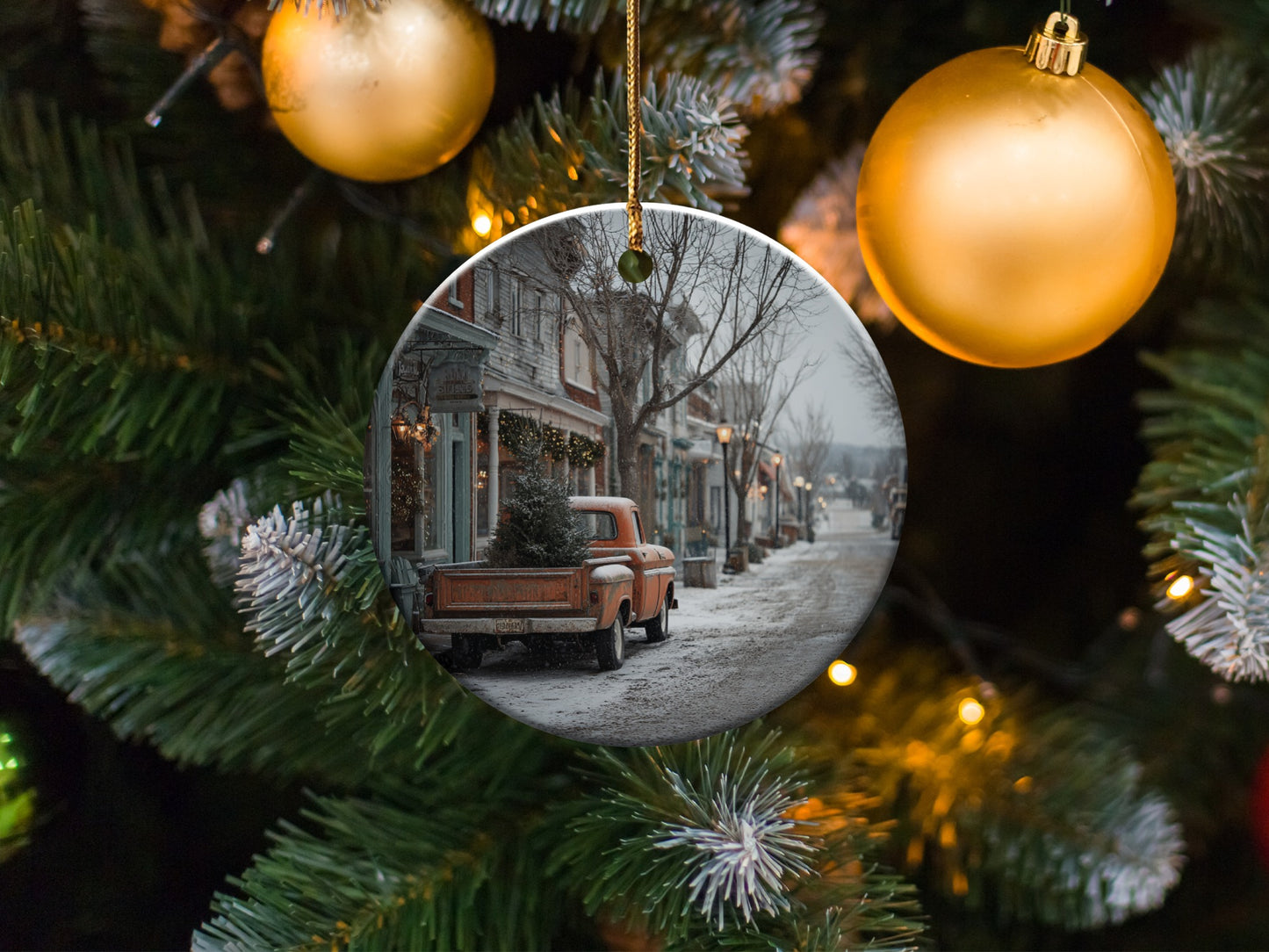 Snowy Winter Downtown Scene Hanging Ornament