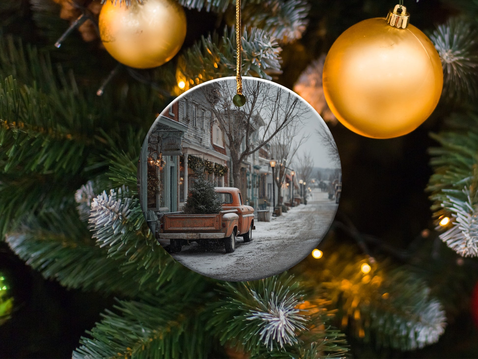 Snowy Winter Downtown Scene Hanging Ornament
