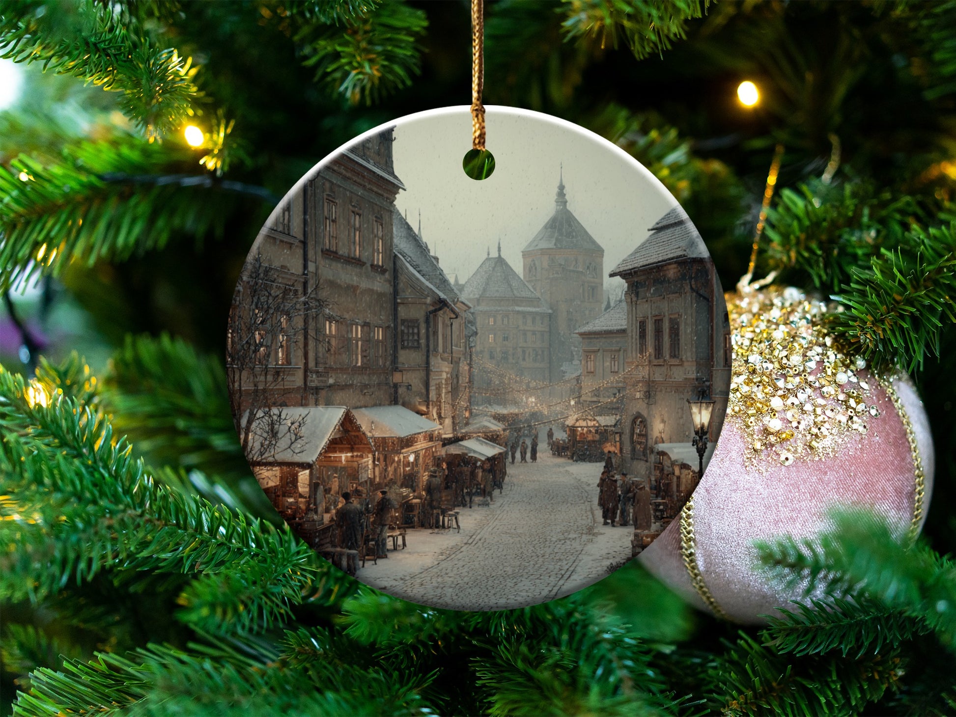 Festive Christmas Ornament with Vintage Town Scene