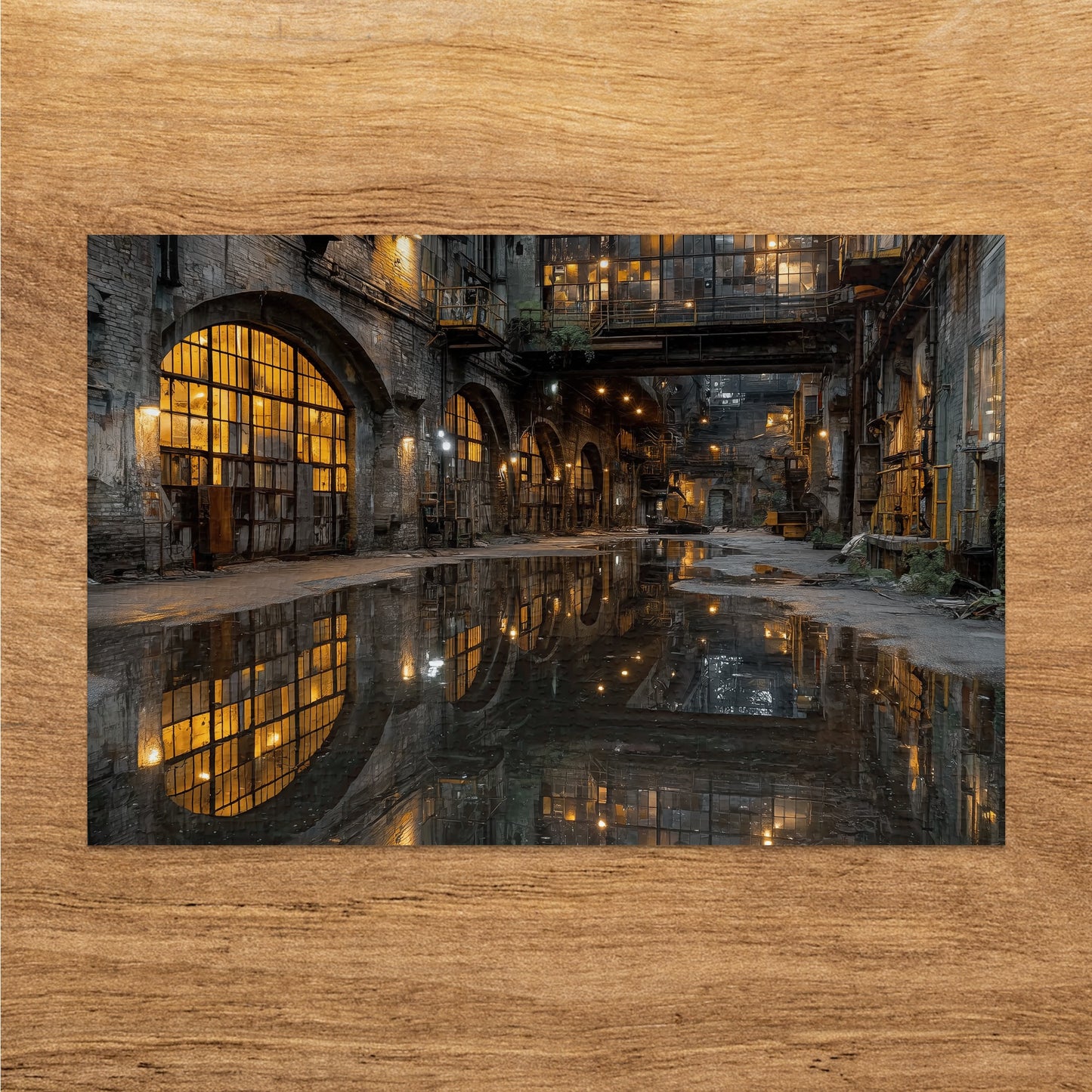 Industrial interior with arched windows and reflections in puddles.