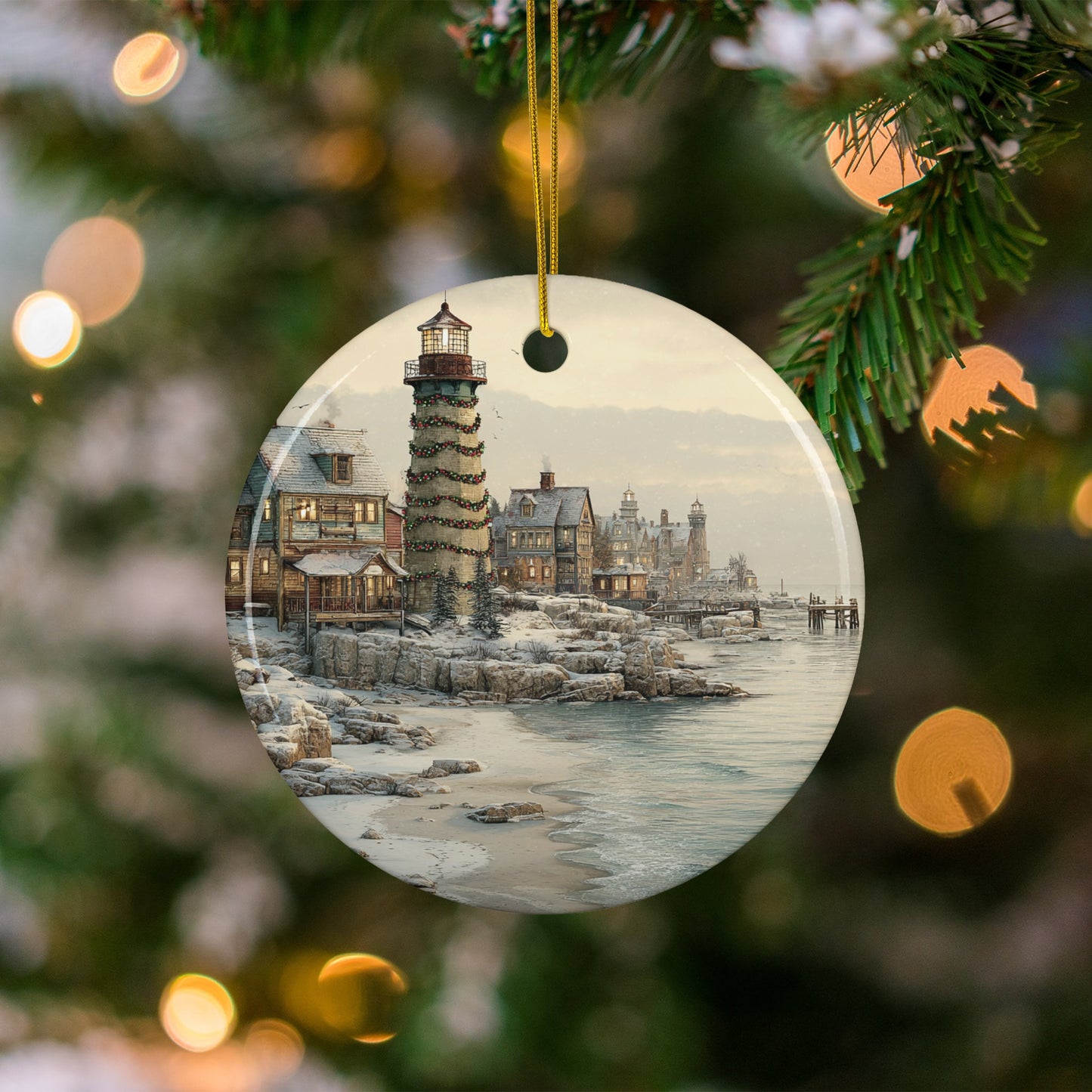 Lighthouse and Coastal Scene Christmas Ornament
