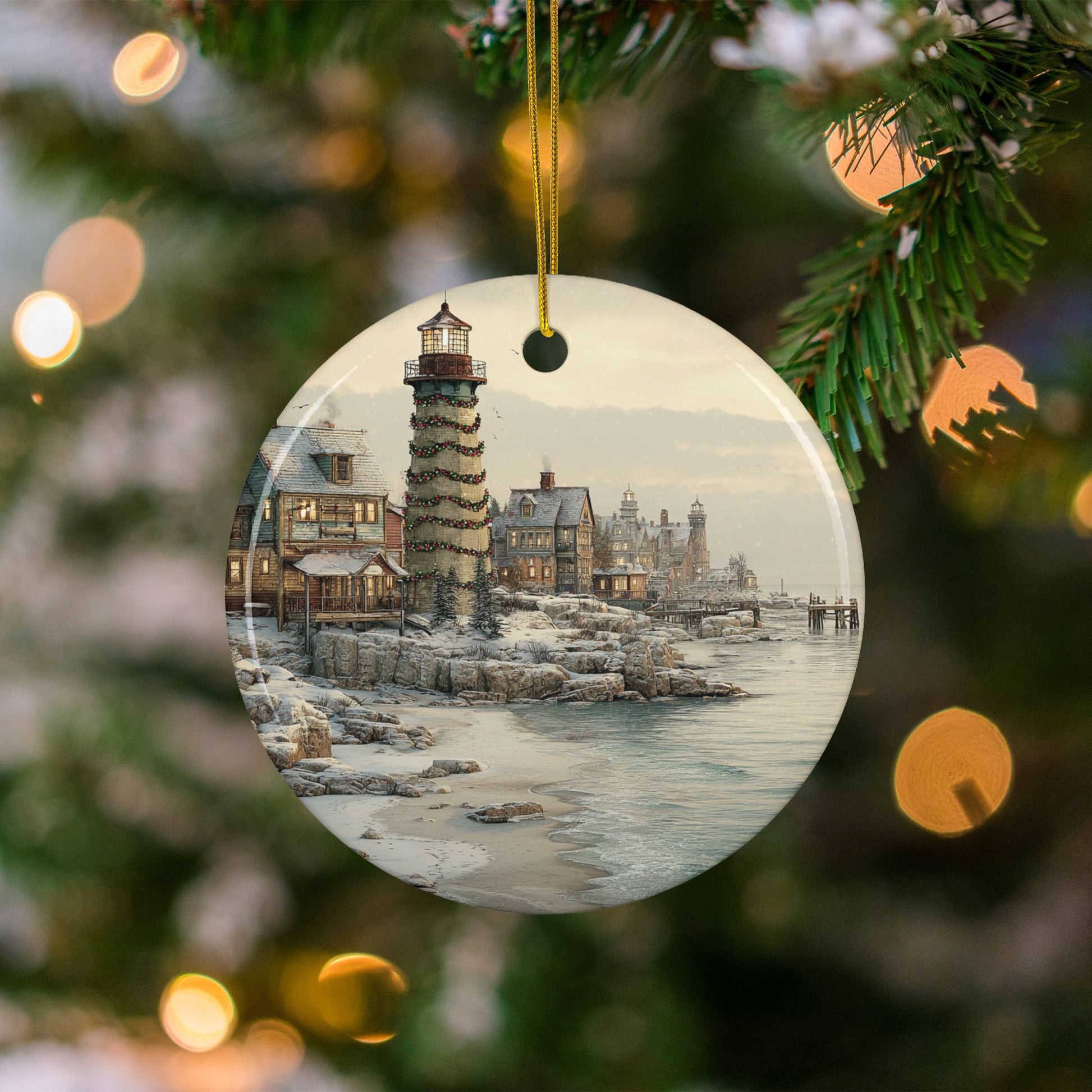 Lighthouse and Coastal Scene Christmas Ornament