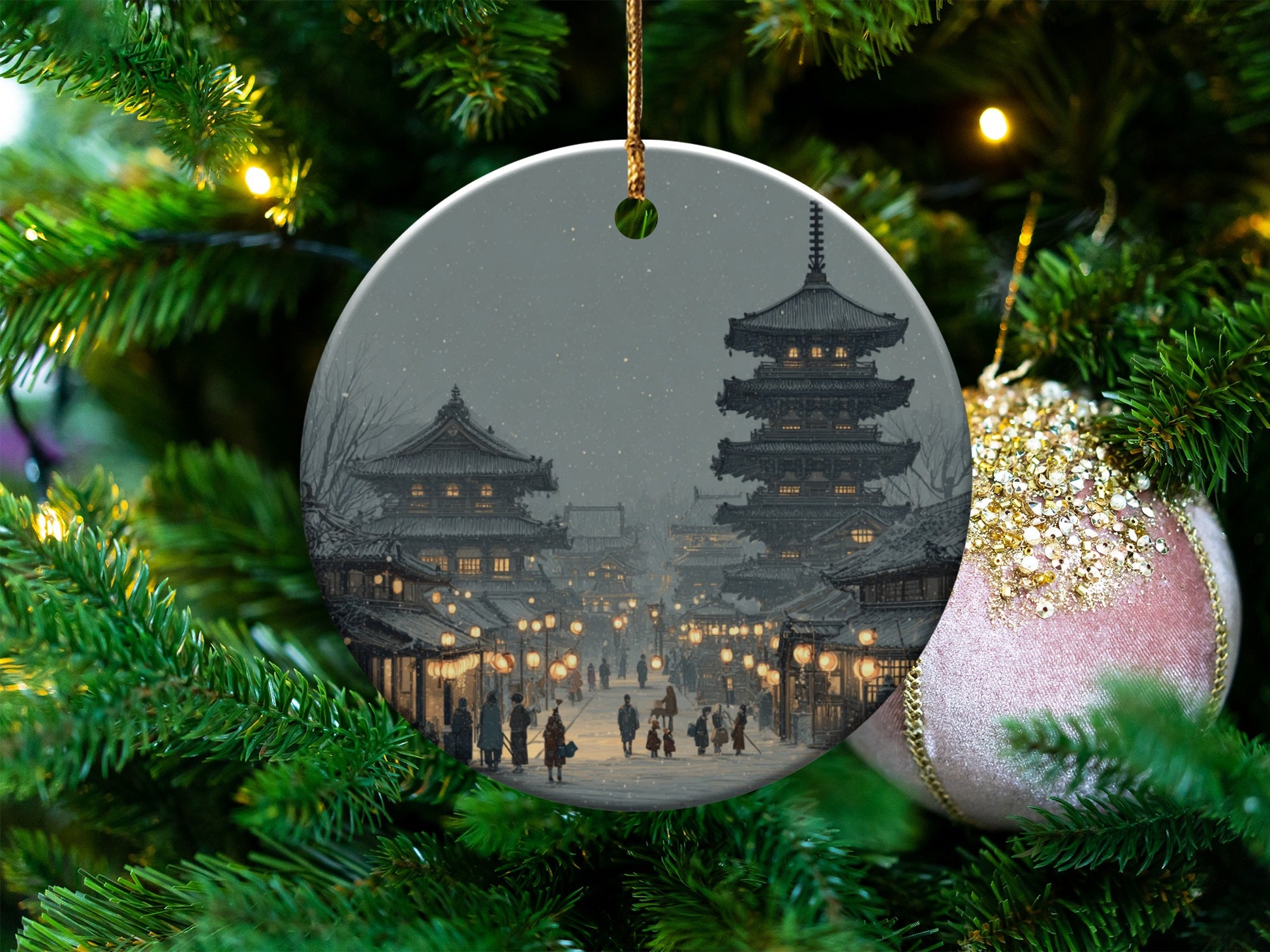 Snowy Temple Scene Christmas Tree Ornament