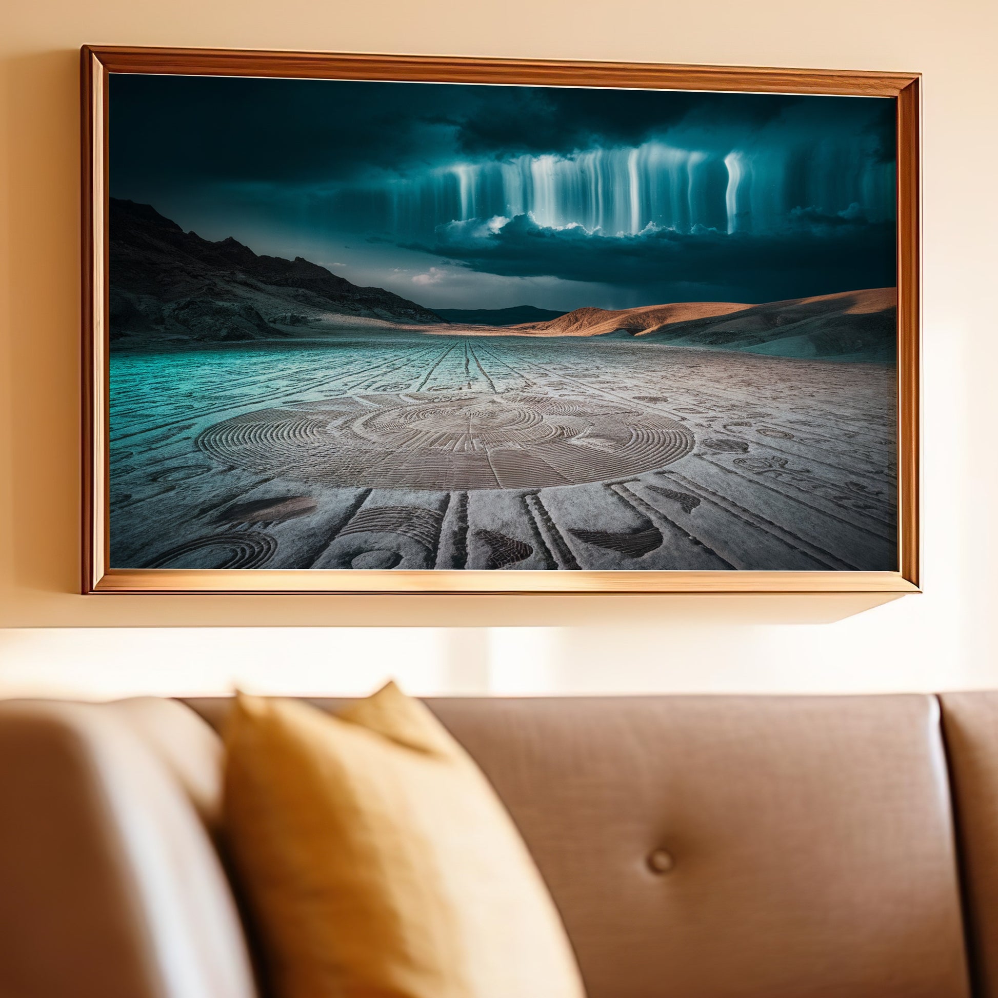 Desert landscape with geometric patterns carved into the ground under a stormy sky.