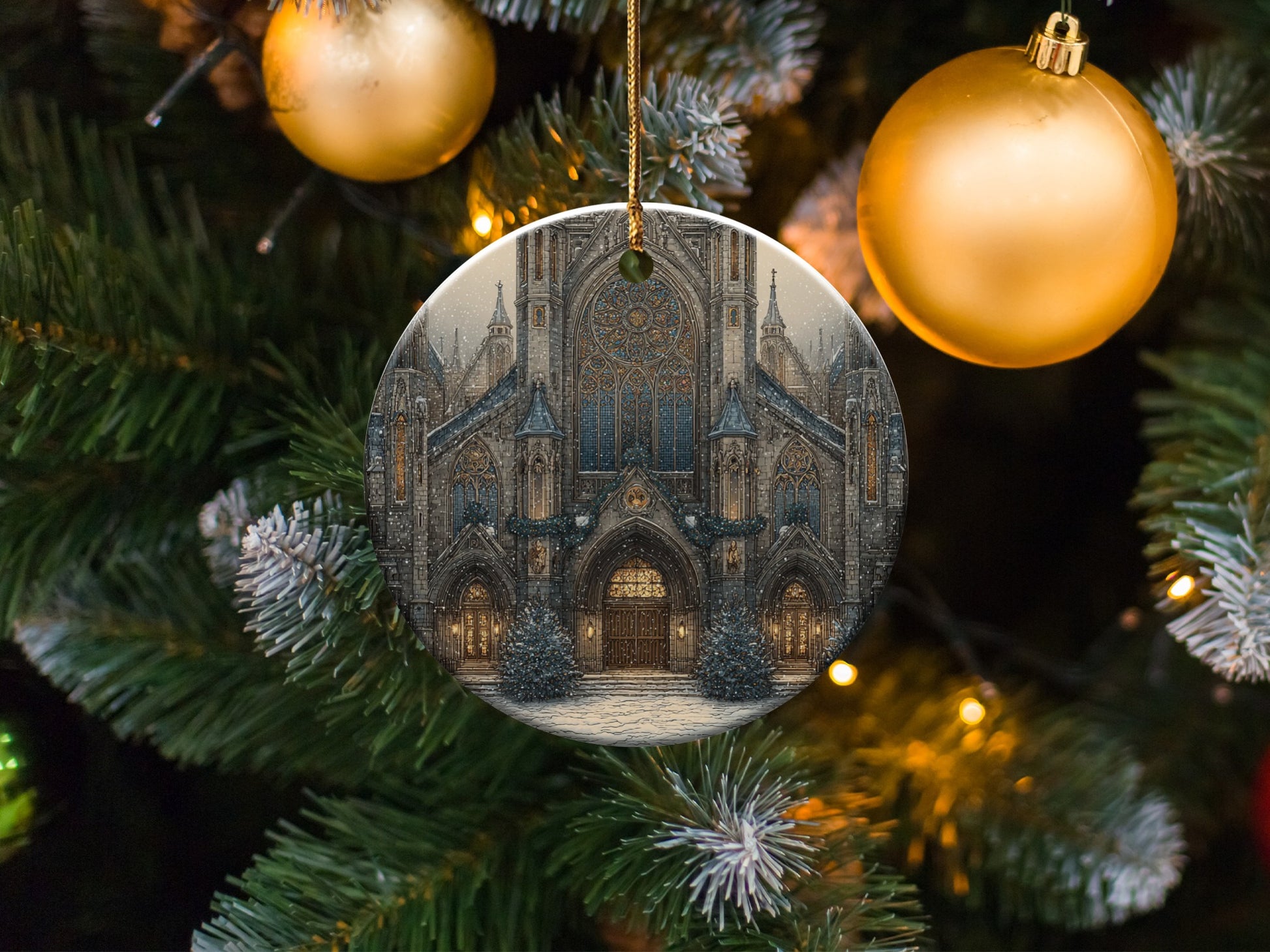Stunning Gothic Cathedral Scene Holiday Ornament