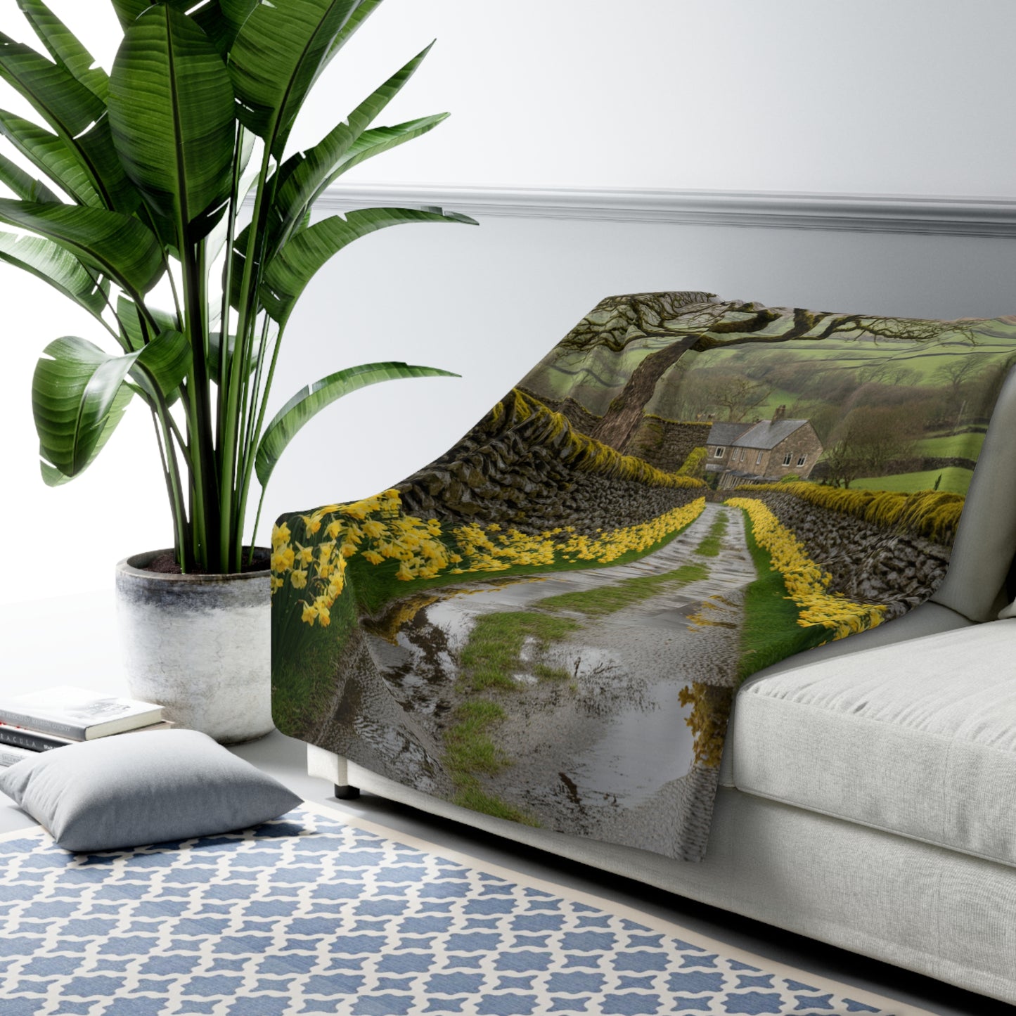 English Countryside Sherpa Blanket — Daffodil Lane & Misty Farmhouse Landscape