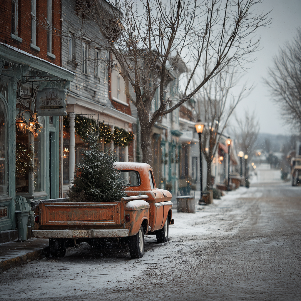 Vintage Orange Truck with Christmas Tree Scene Print