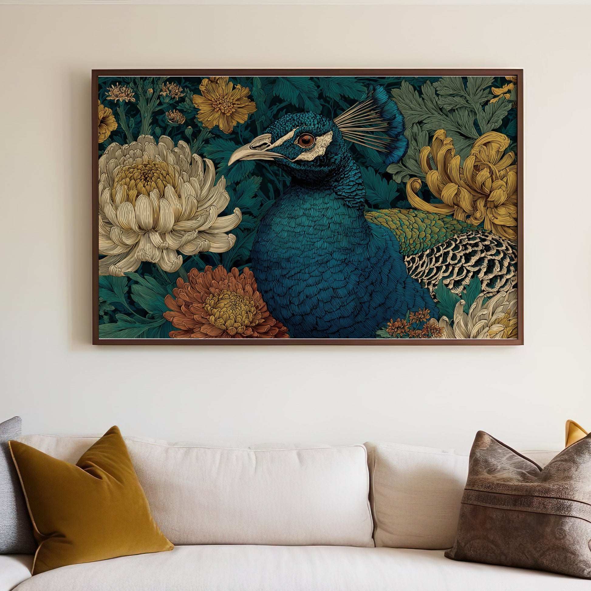Vibrant Peacock Floral Illustration Framed Wall Art product type