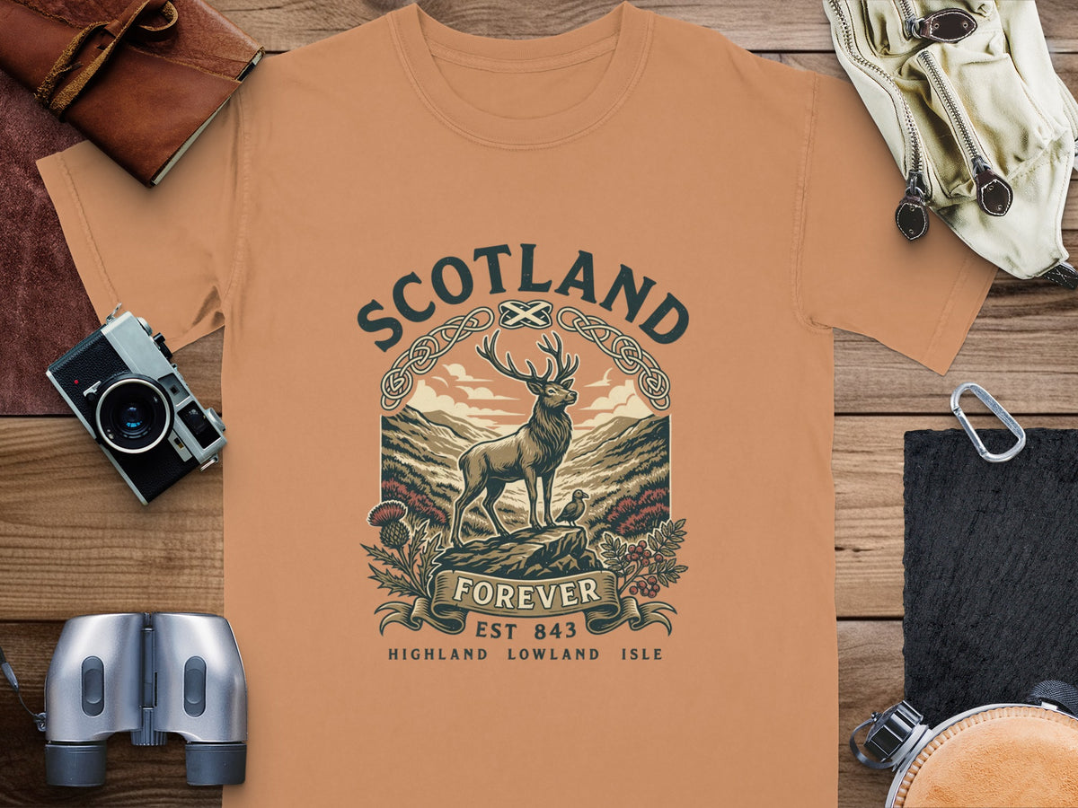 T-shirt with Scotland Forever deer, thistle, and highland lowland isle graphic.