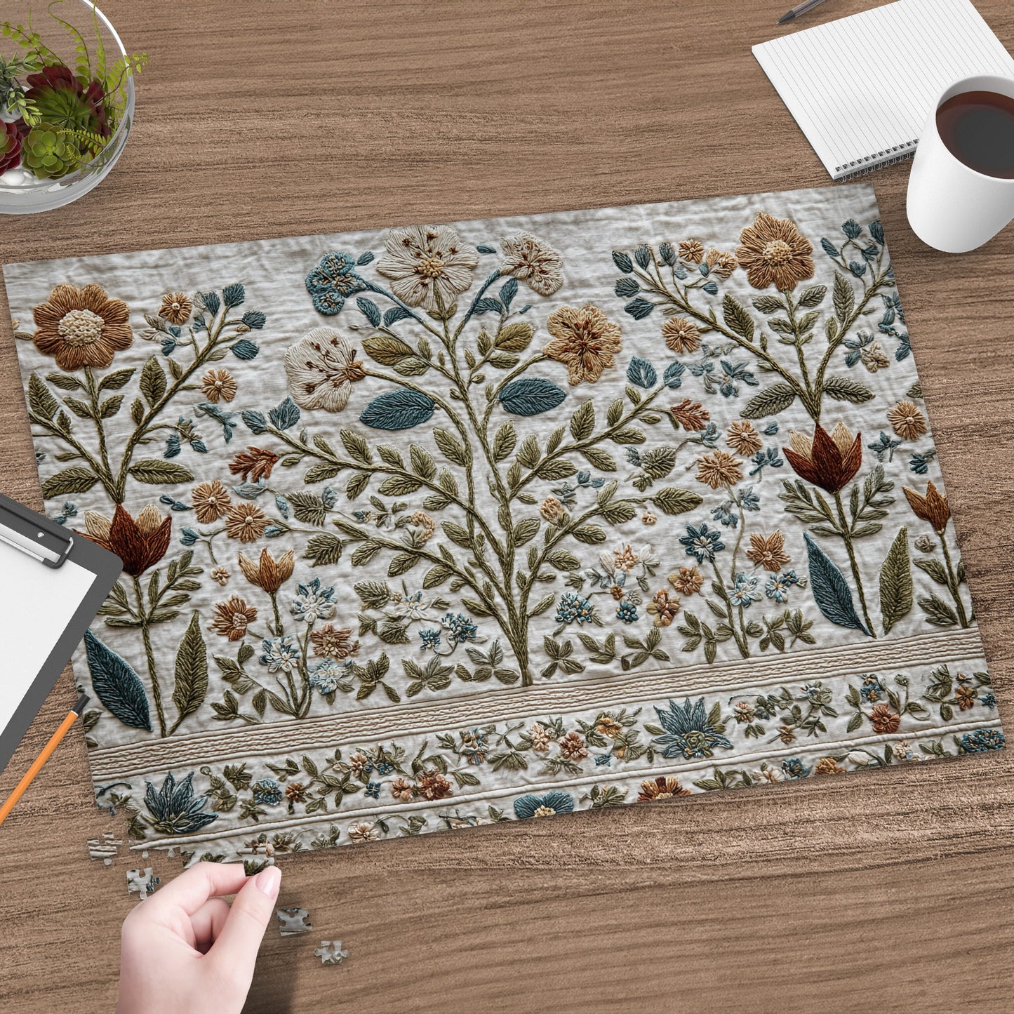 Embroidery art featuring floral motifs and a border pattern on a wooden surface.