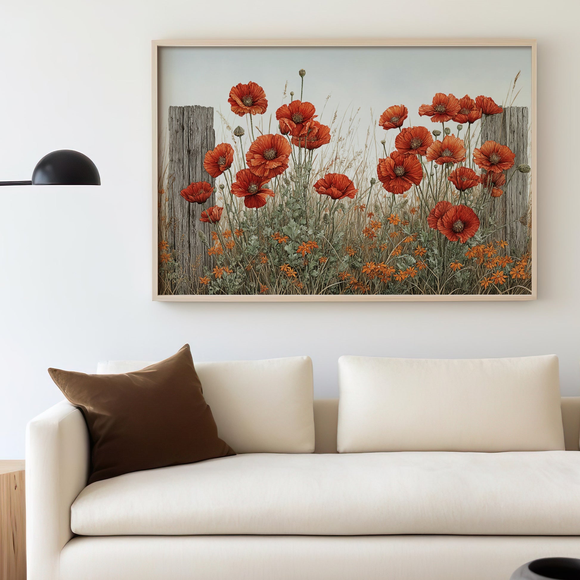 Framed Poppies and Fence Artwork Wall Decor