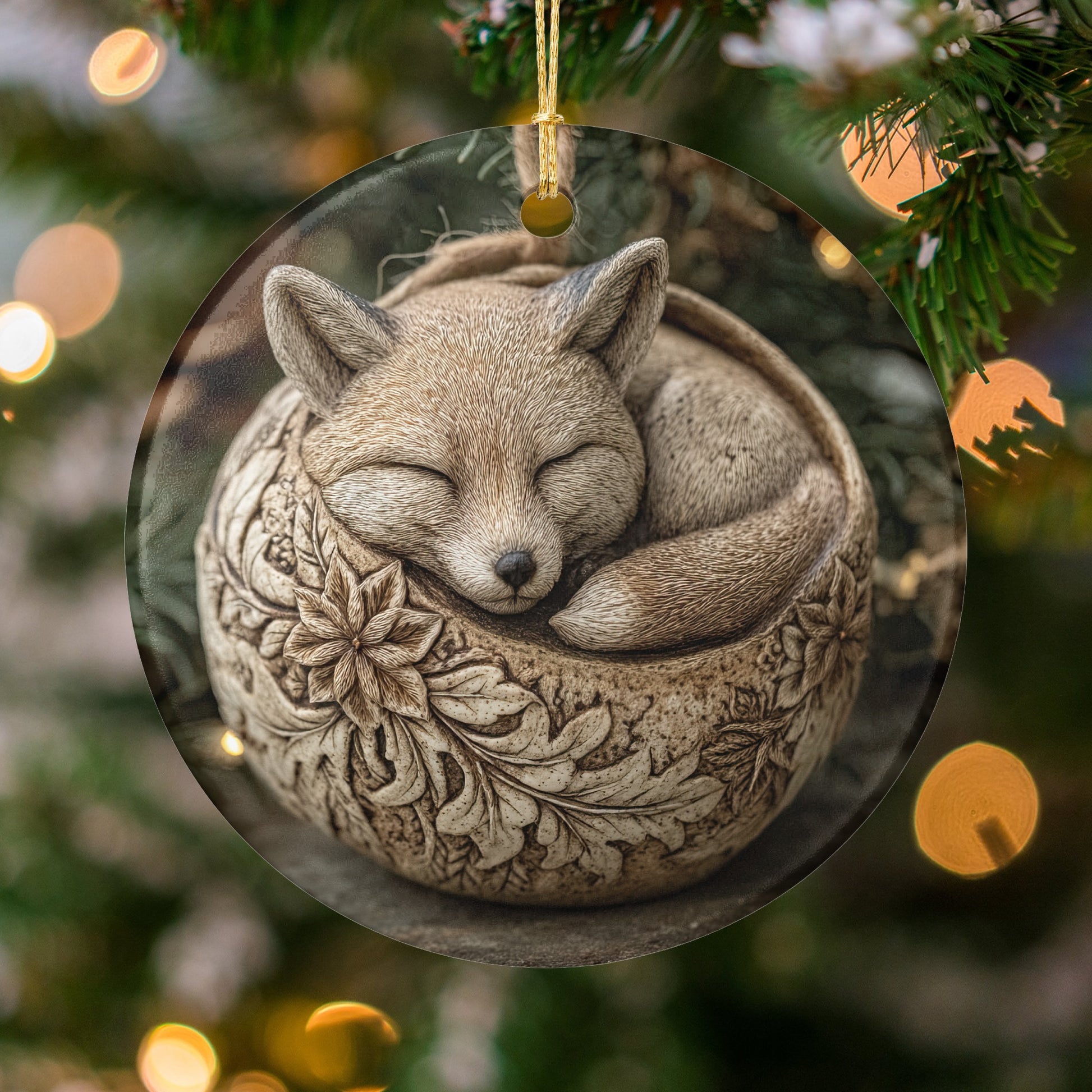 Cute Fox Sleeping on Holiday Ornament Decoration