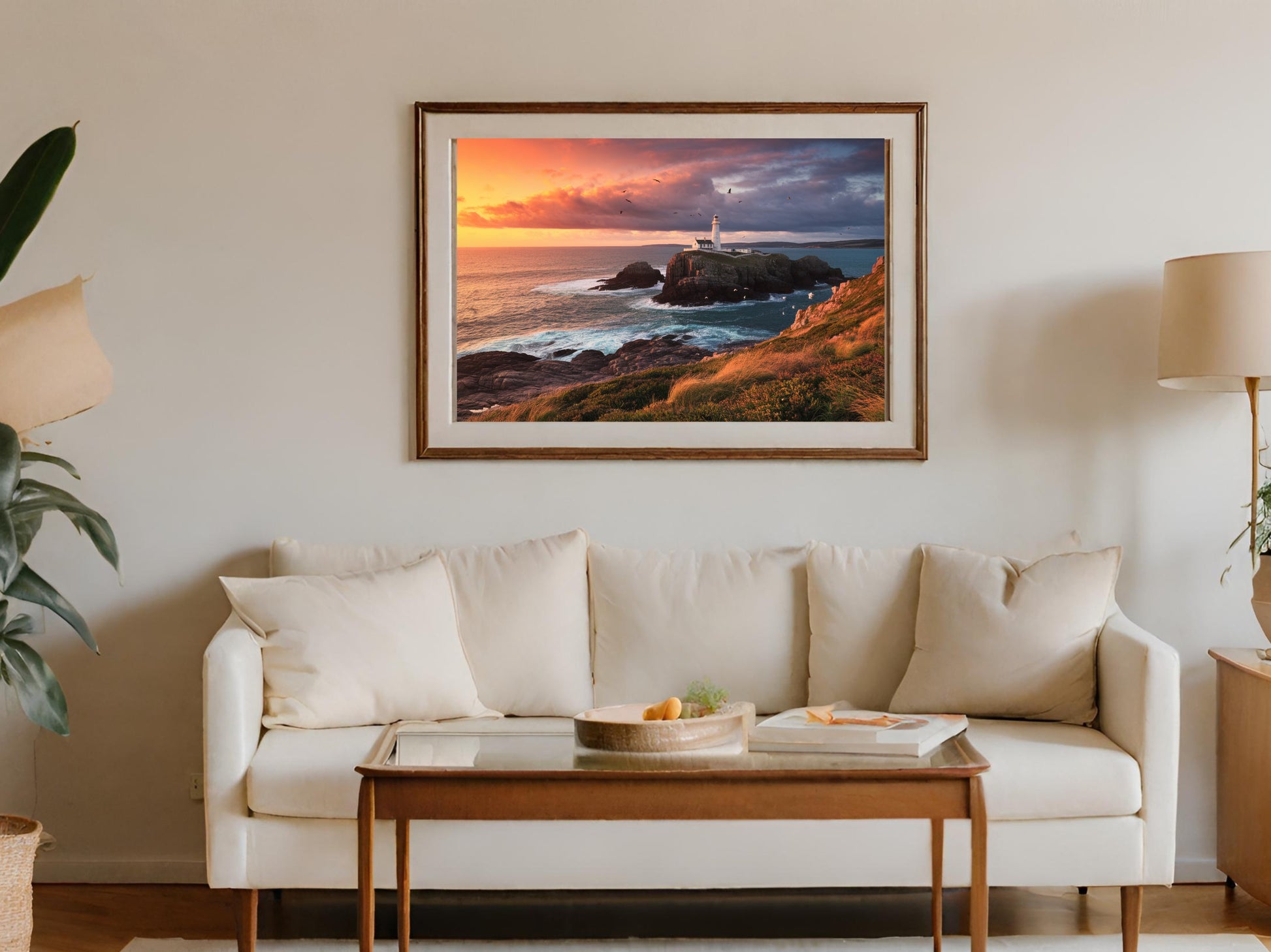 Framed artwork of a lighthouse on a rocky island at sunset over the ocean.