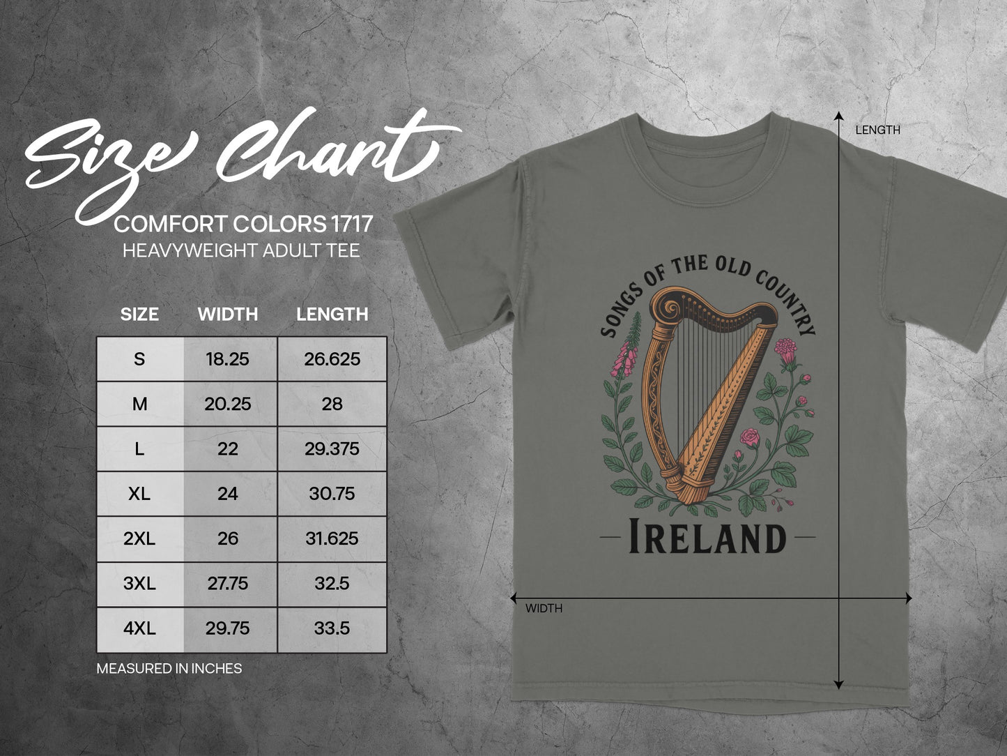 Comfort Colors 1717 heavyweight adult tee size chart with harp graphic.