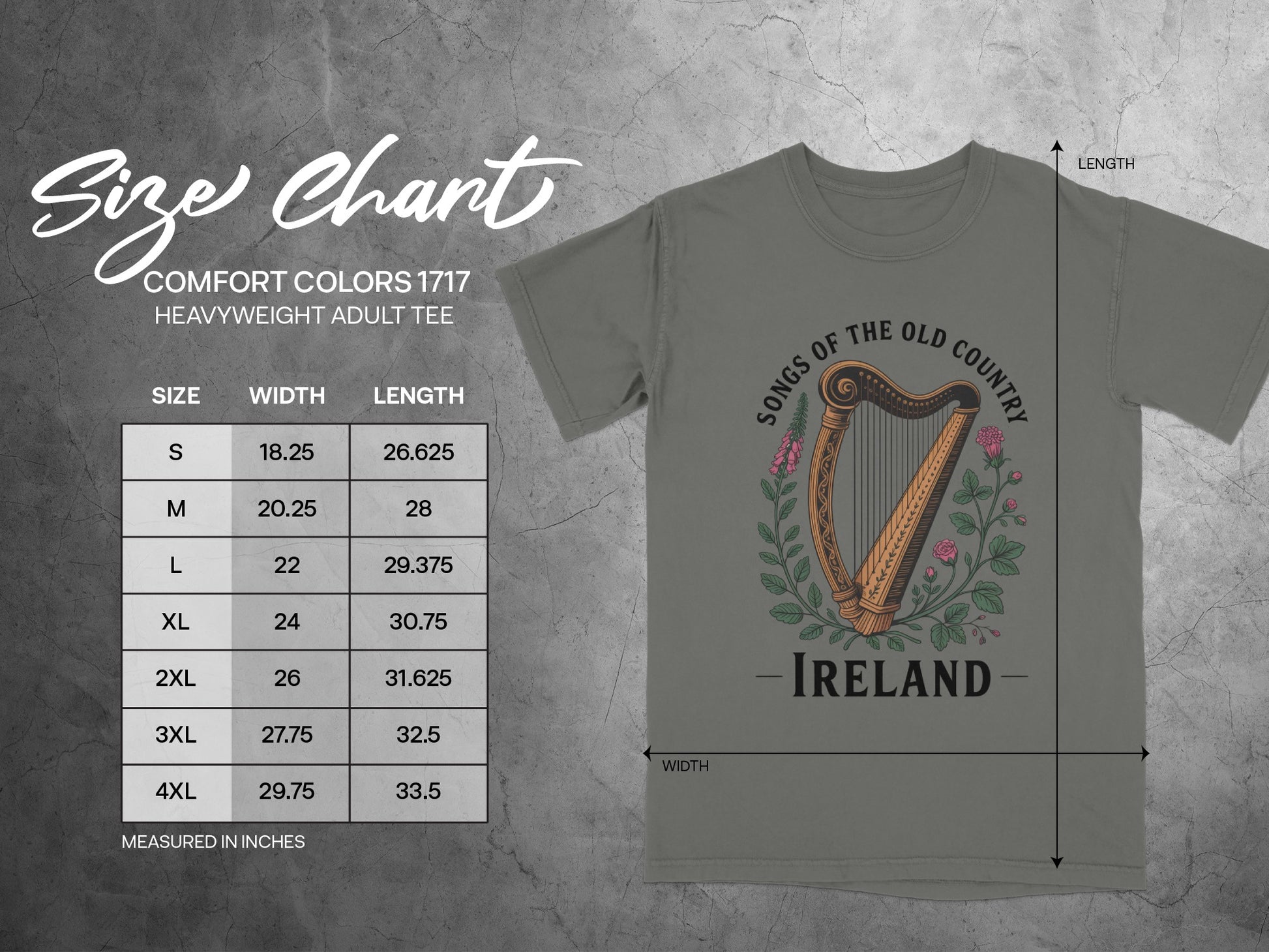 Comfort Colors 1717 heavyweight adult tee size chart with harp graphic.