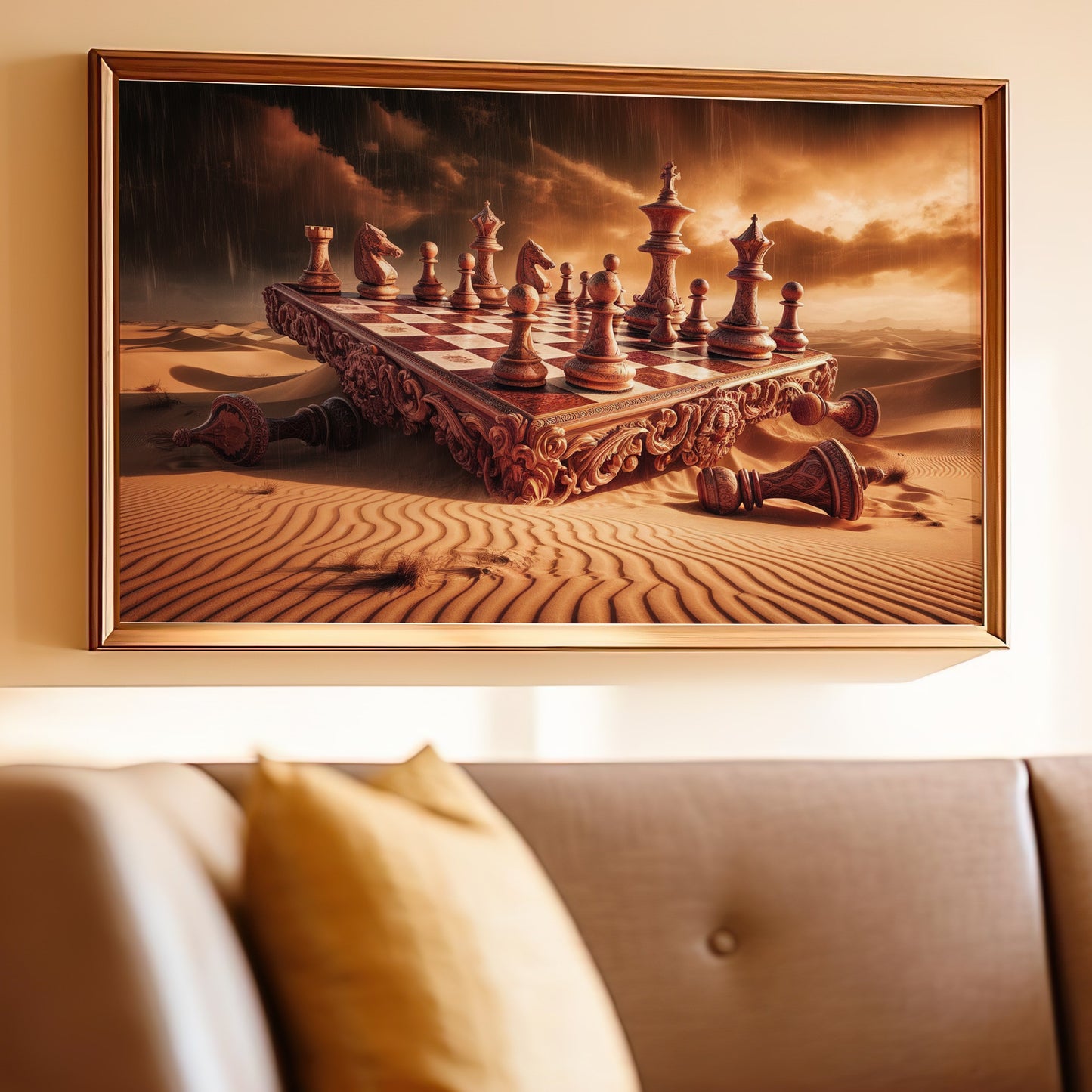 Framed artwork depicts a chess set on a decorative board in a desert landscape.