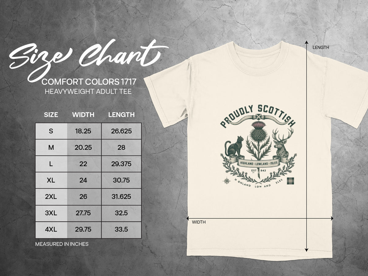 Comfort Colors 1717 size chart for heavyweight adult tee with Scottish crest graphic.
