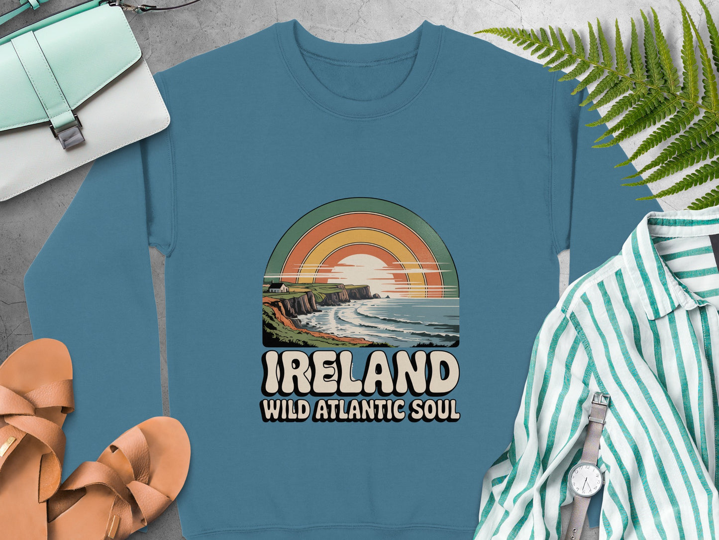 Vintage Ireland Wild Atlantic Soul graphic and cliffside sunset on Indigo Blue sweatshirt