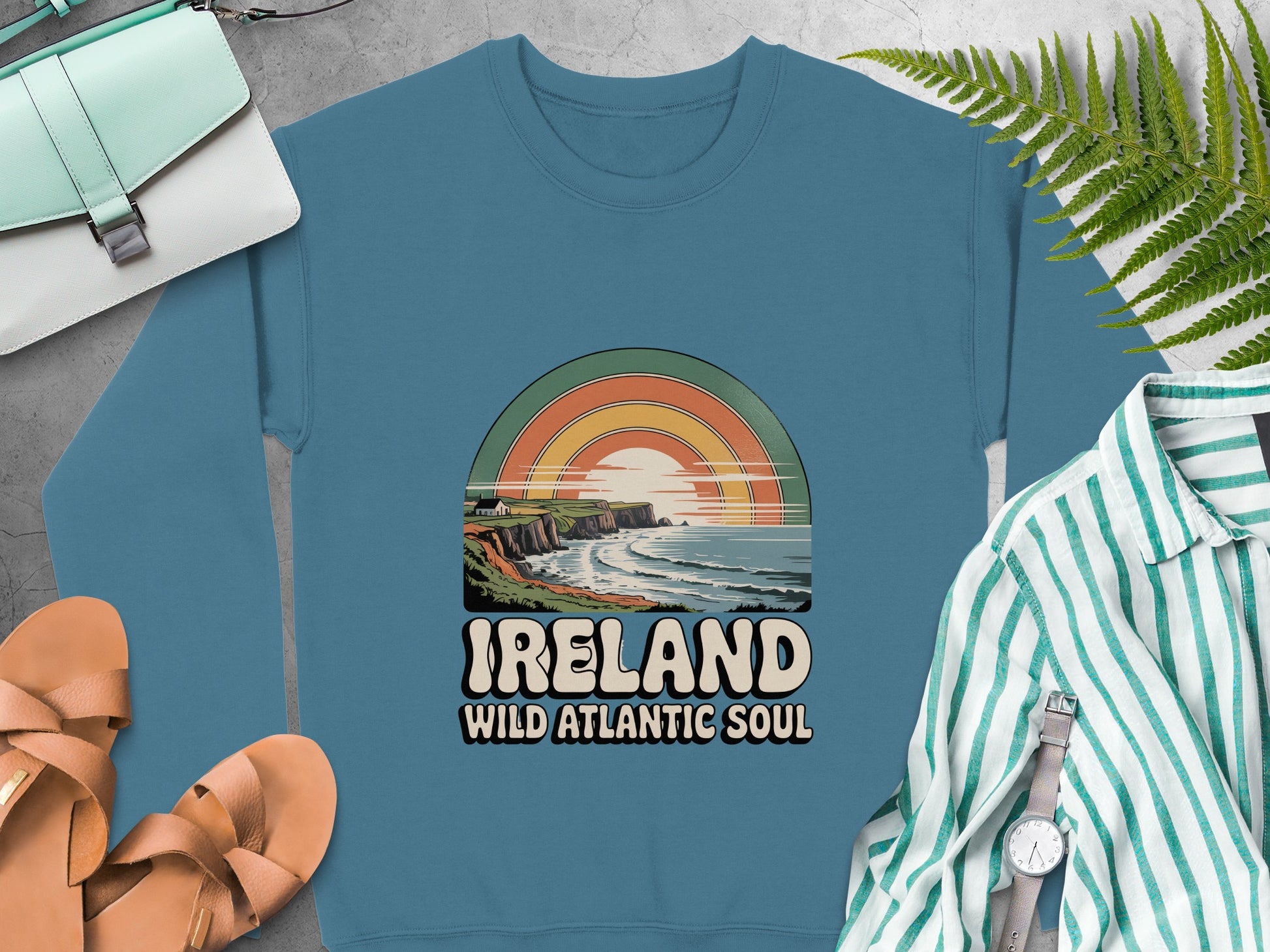 Vintage Ireland Wild Atlantic Soul graphic and cliffside sunset on Indigo Blue sweatshirt