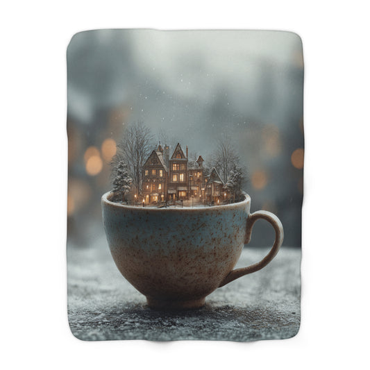 Cozy Winter Cabin Mug sherpa fleece blanket — warm holiday throw, Christmas gift, rustic cottagecore decor