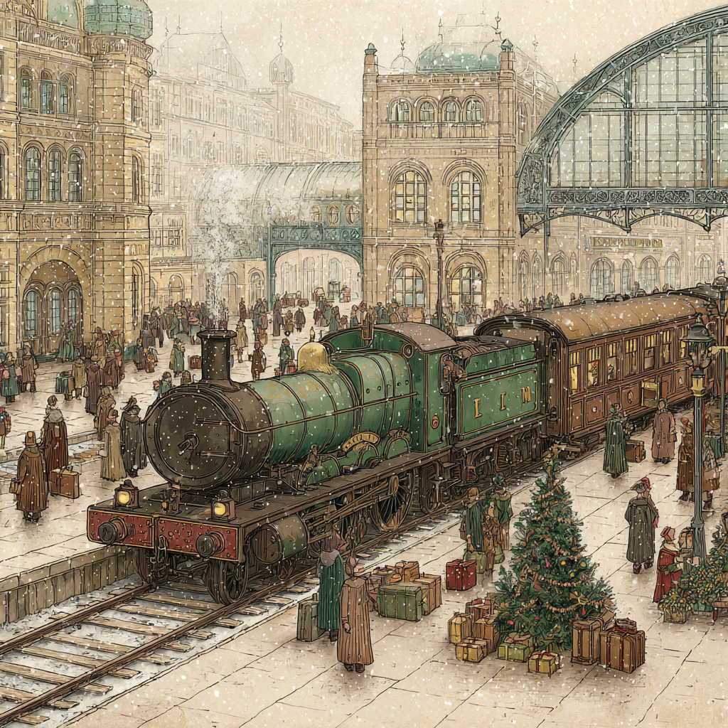 Vintage Train Station Scene with Holiday Gifts Puzzle
