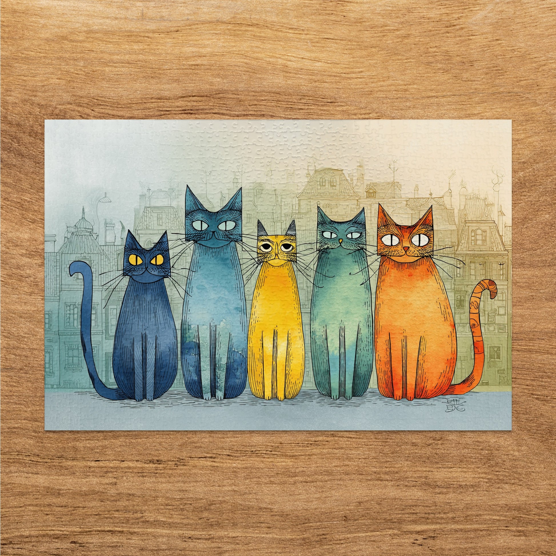 Five whimsical cartoon cats in a row against a cityscape backdrop.