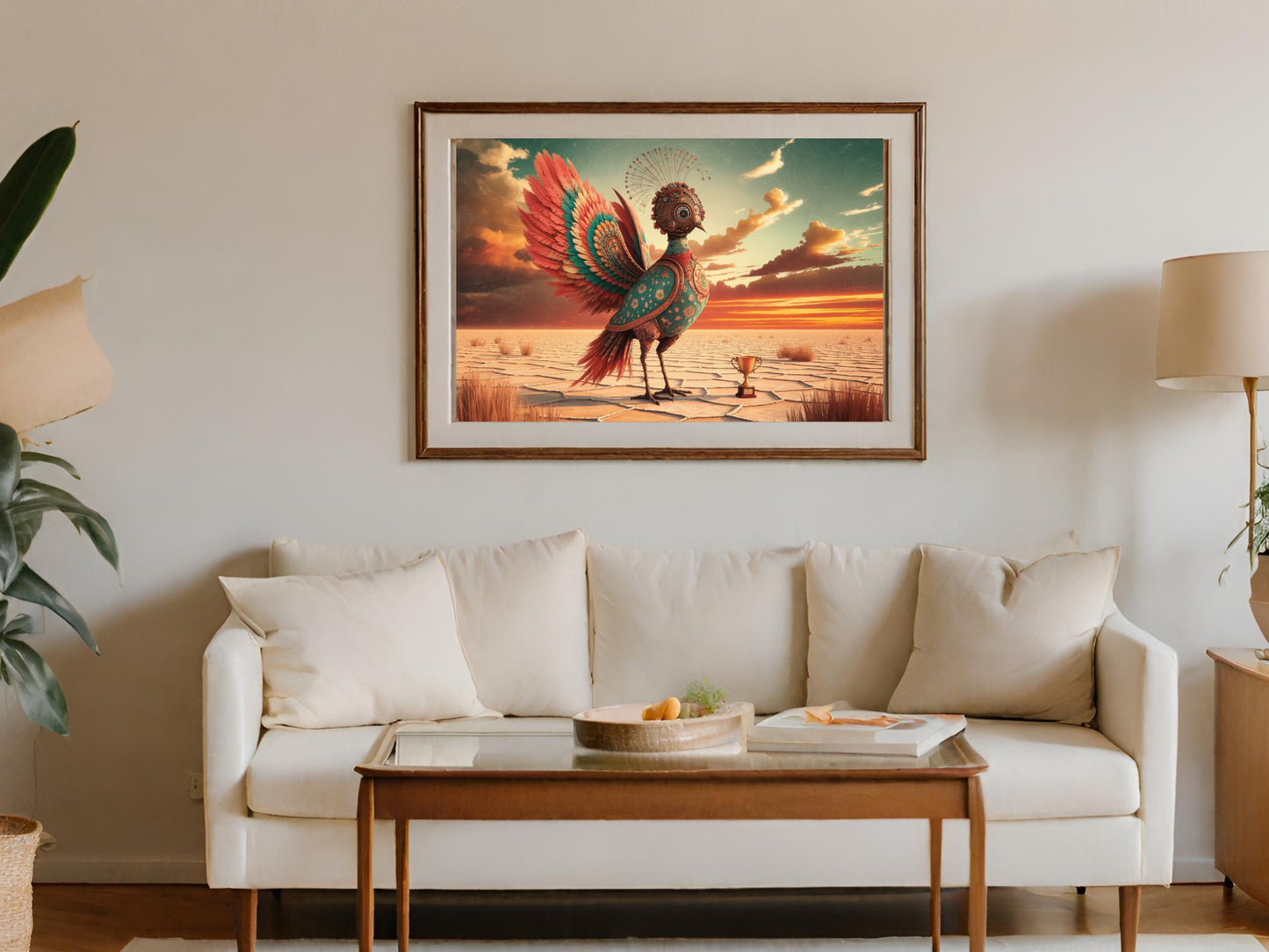 Ornate bird art with sunset desert landscape in wooden frame above a sofa.