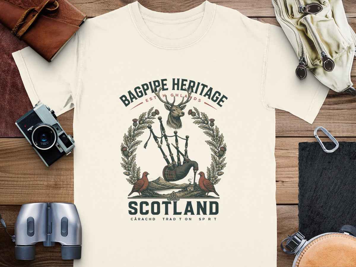Bagpipe Heritage Scotland t-shirt graphic with deer, birds, and Scottish landscape.