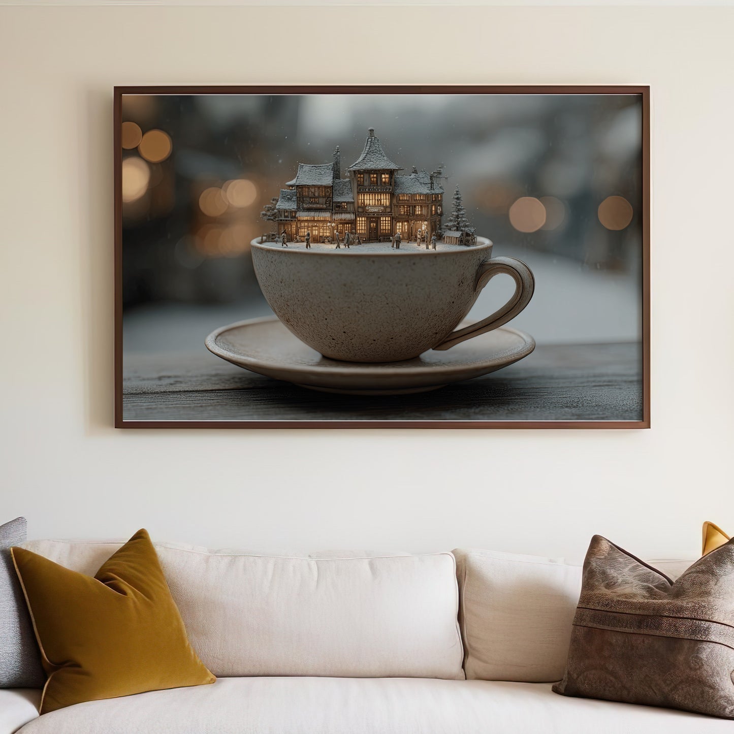 Miniature village scene inside a teacup on a saucer.