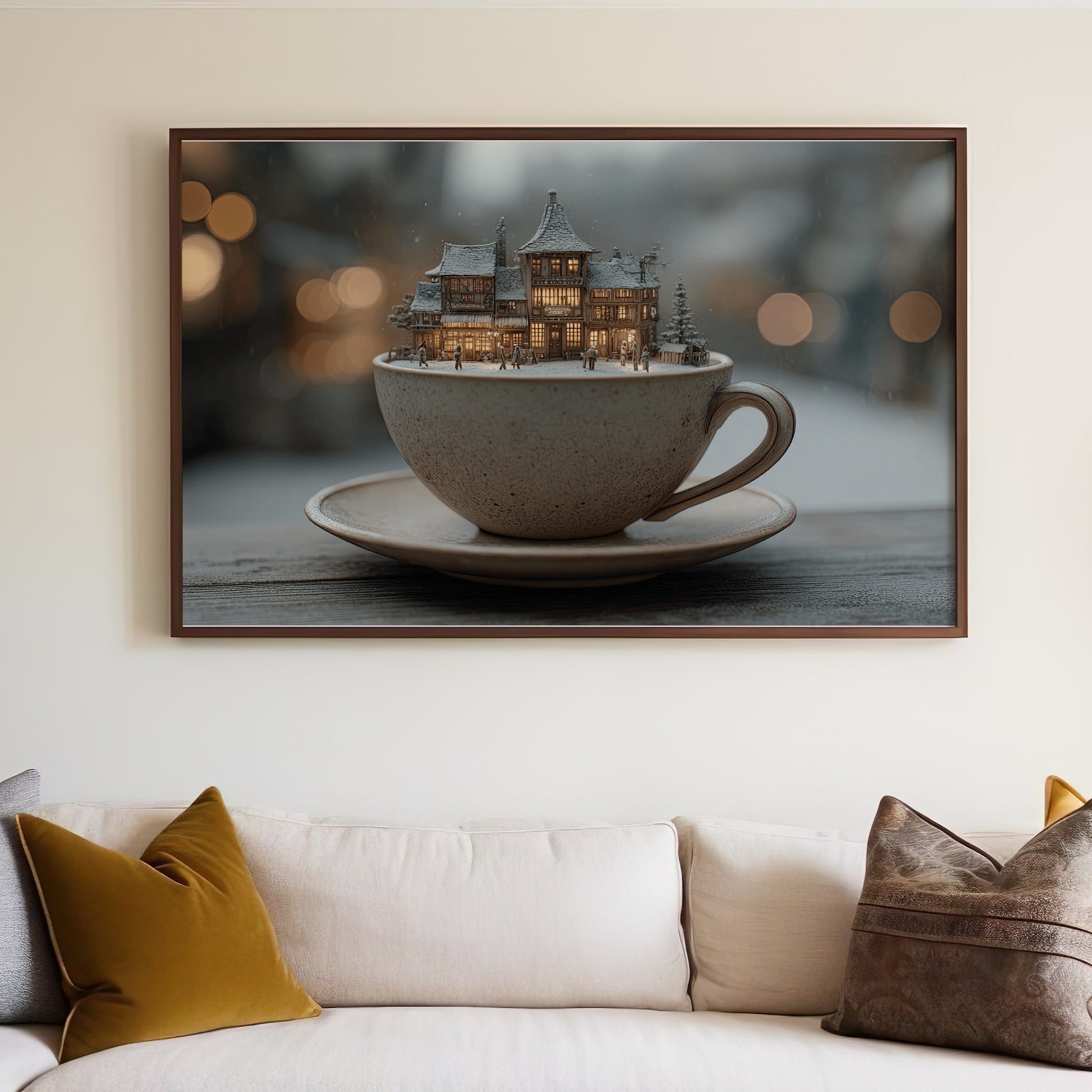 Miniature village scene inside a teacup on a saucer.
